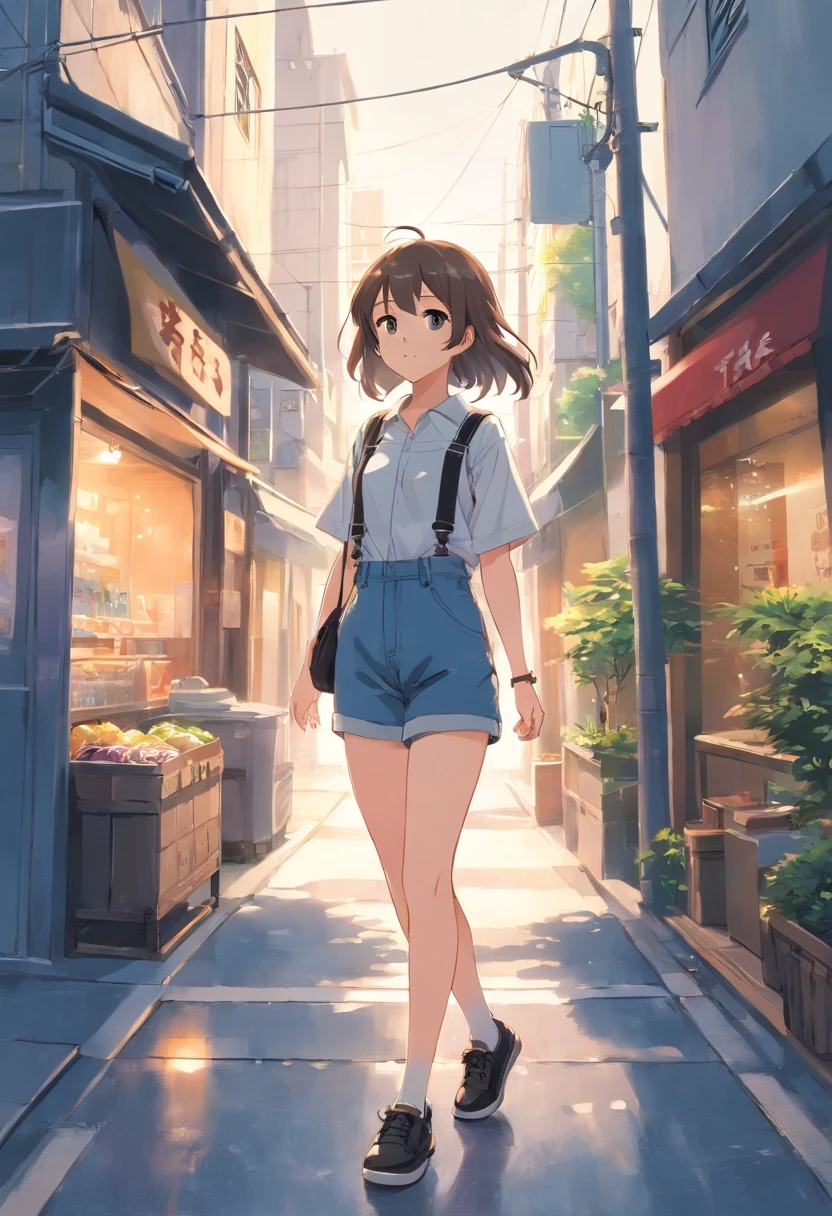 Suspenders,Stylish and handsome,Wide back straps,Grey denim shorts,Slender legs,Black high-top canvas shoes,Tall and tall,Brown hair long,Flutter in the wind,Slightly fluffy,Spontaneous and natural,Deep eyes,Bright as a star,Grey earring stud earrings,Small silver ring,Playful and cute,Bustling street,Beautiful landscape,Add vitality,Spontaneous and natural