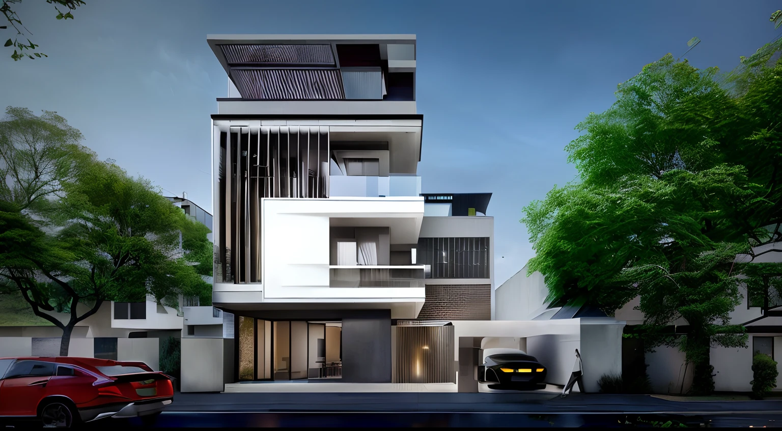Bauhaus style house, glass and concrete house with a sloping roof, modern, dynamic (RAW photo, real, best quality, masterpiece:1.2), (hyper realistic, photo-realistic:1.2), high quality, (dark lighting:1.2), perfect lighting, archdaily, Ludwig Mies van der Rohe style
