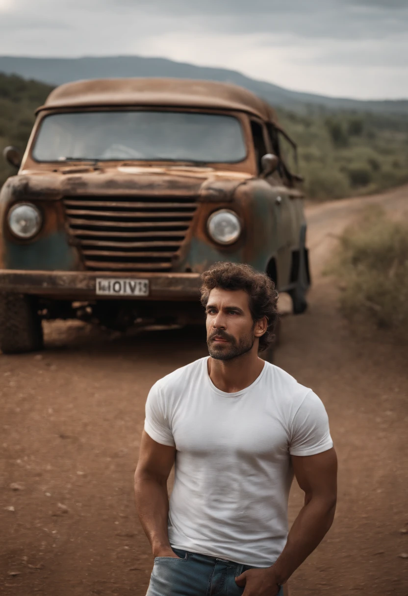 (best quality,4k,8k,highres,masterpiece:1.2),ultra-detailed,(realistic,photorealistic,photo-realistic:1.37),HDR,UHD,studio lighting,ultra-fine painting,sharp focus,physically-based rendering,extreme detail description,professional,vivid colors,bokeh,portraits
A man with his arms high above his head, holding a big white sign of protest, standing atop an old, rusty, German car on the side of the road, facing the camera. The man has a determined expression on his face, with sweat dripping down his forehead. His eyes, shining with intensity, are focused directly on the viewer, drawing them into the scene. His mouth is slightly open, as if he's shouting, conveying his strong voice and passion.
The man is dressed in casual attire, wearing a worn-out t-shirt with a bold message on it. His body language shows strength and determination. His muscles are tense, highlighting his physical exertion. The man stands tall and proud, symbolizing his unwavering commitment to his cause.
The old German car that the man is standing on is rusted and worn, reflecting the passage of time and the challenges faced by the protagonist. Its faded paint and dents tell a story of resilience and endurance. The car is parked on the side of a road, with a scenic backdrop of rolling hills in the distance. The sun sets behind the man, casting a warm golden light on his figure, accentuating his silhouette.
The sign of protest that the man holds is big and white, with bold black lettering that demands attention. The message on the sign can be specific to the cause that the man is advocating for. It serves as a visual representation of his voice and the power of collective action.
The overall image is characterized by its high level of detail and realism. Every texture, from the man's clothing to the car's rust, is meticulously rendered. The colors are vibrant and vivid, creating a visually striking composition. The lighting is carefully crafted to enhance the realism of the scene, with soft shadows