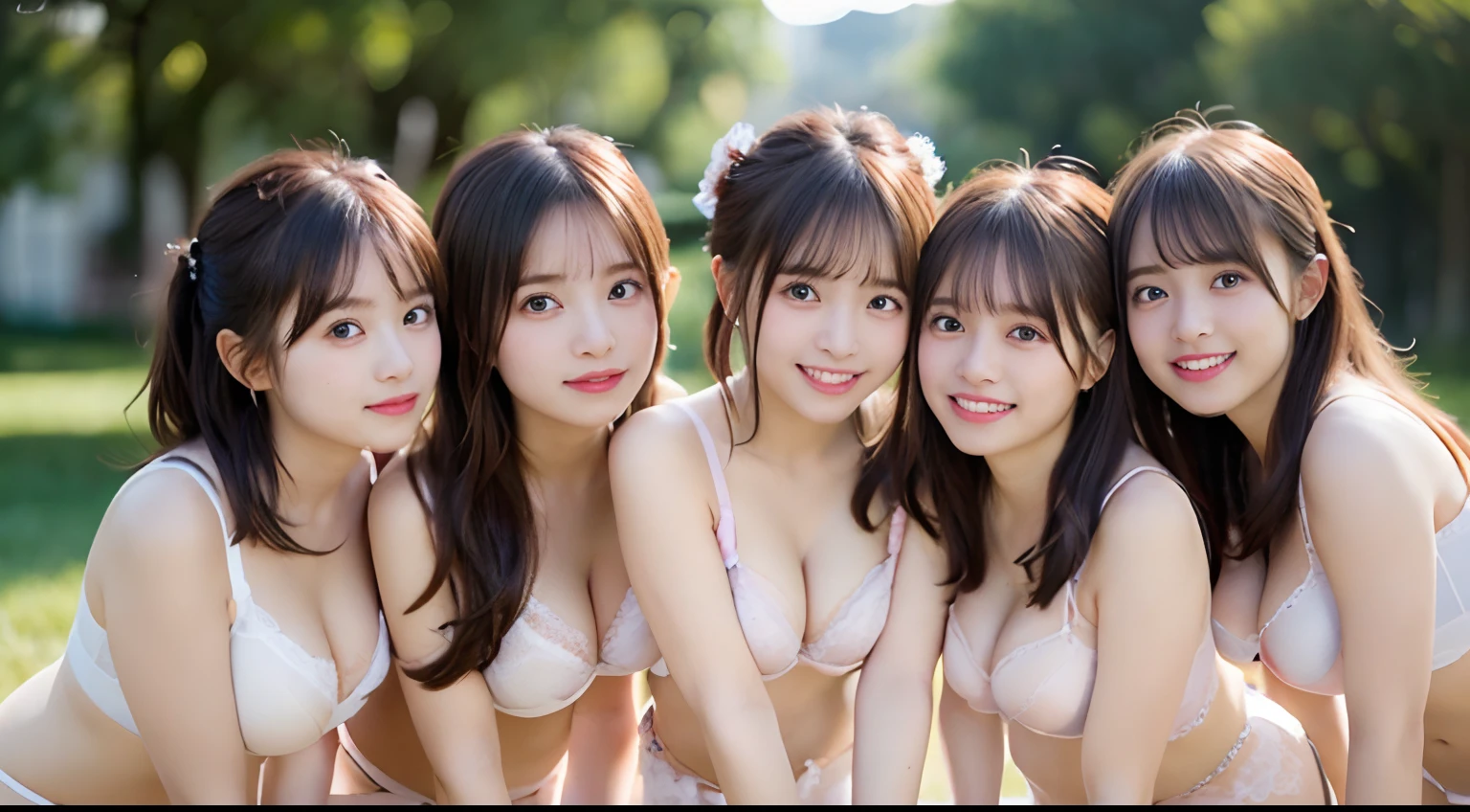 masutepiece, Best Quality,
Ultra-detailed, finely detail, hight resolution, in 8K,
((Photorealsitic:1.4, Raw photography, 超A high resolution,Top image quality: 1.4)),
Wallpaper,
((Perfect whole body configuration1.5)),
Beautiful detailed eyes, Natural Color Lip,
((A big smile:1.5)),
((Random and cute hairstyles)),
((all-fours:1.5)),
((Random breast sizes from large to medium、cleavage of the breast:1.2)),
((chest opened:1.5)),
((Random sexy underwear:1.5)),
((breastsout、under look eyes、Mole on the arm:0.9)),
((peer in from below)),
((Random blurry background)),
((Random and cute facial expressions)),,
((4 girls、Four people leaning forward side by side:1.5))
very detailed and professional lighting、
((Random and cute facial expressions:1.5))、
((thigh visible、I can see panties:1.5))