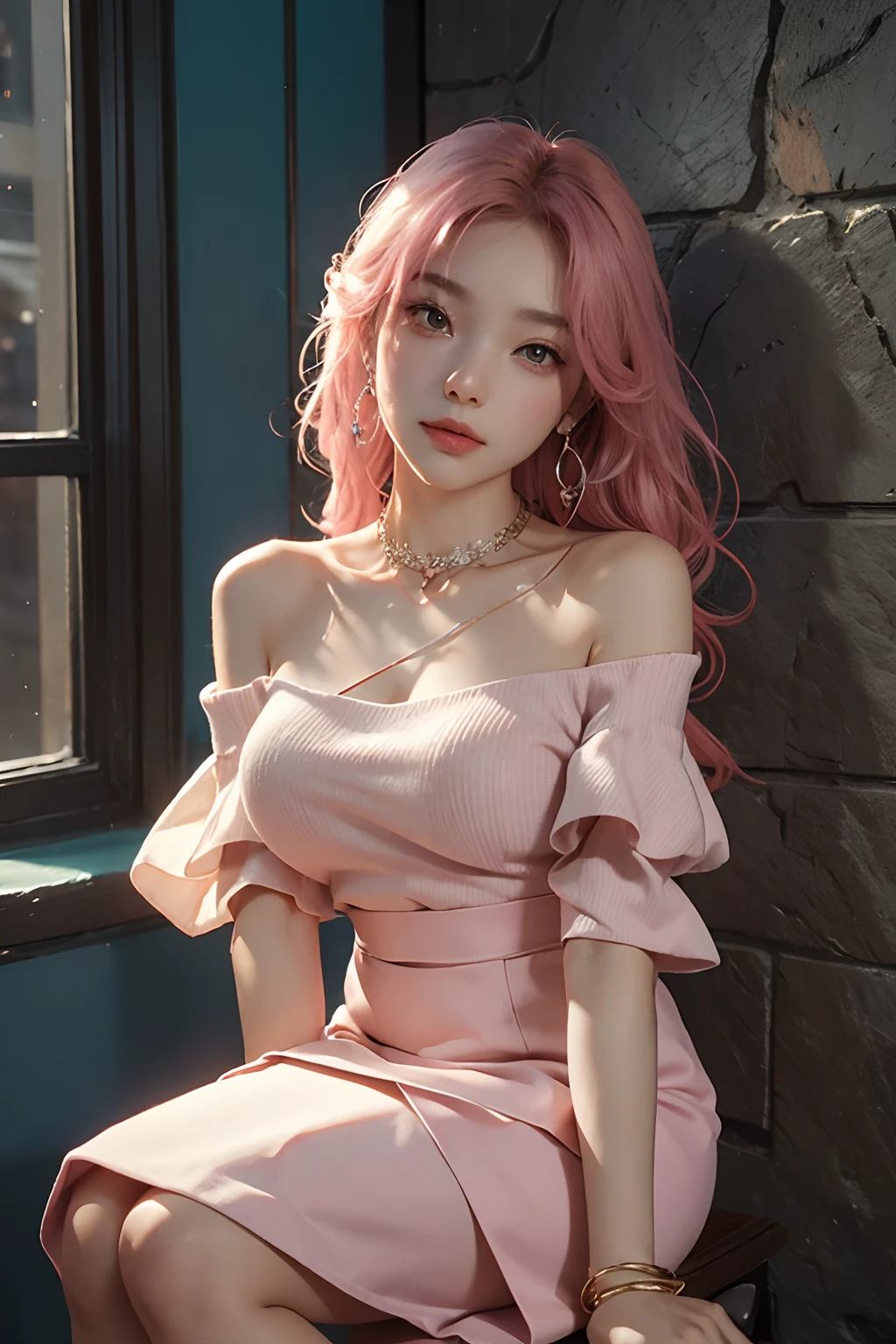 Works of masters，超高分辨率，8K分辨率，Exquisite facial features，s the perfect face，Girl，solo person，Watery eyes，ssmile，long whitr hair，Pink hair，Princess Roll，Bracelet，Collar，hoop earings，eardrop，Sweaters，pencil skirts，lacing，Bare one shoulder，Sit with your knees folded，Facing the viewer，against a wall，eventide，baker shop，disney movie，Cinematic lighting