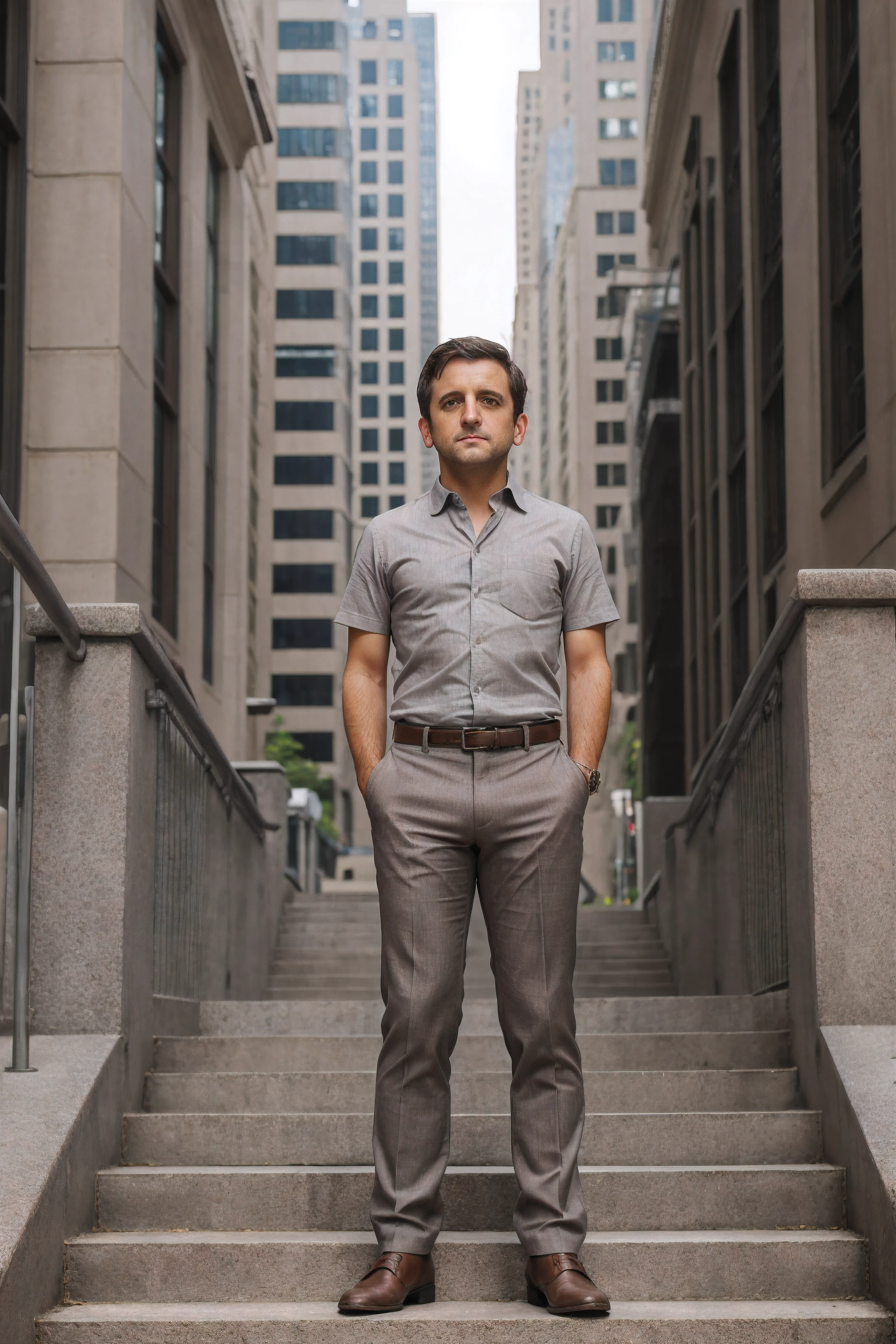 Raule Esparza, masterpiece, best quality, 1boy, full body, brown eyes, short brown|grey hair, closed mouth, , looking at viewer, shirt, short hair, background: standing in front of a newyork skyscraper, stone stairs, solo, Lawyer suit and tie ,
