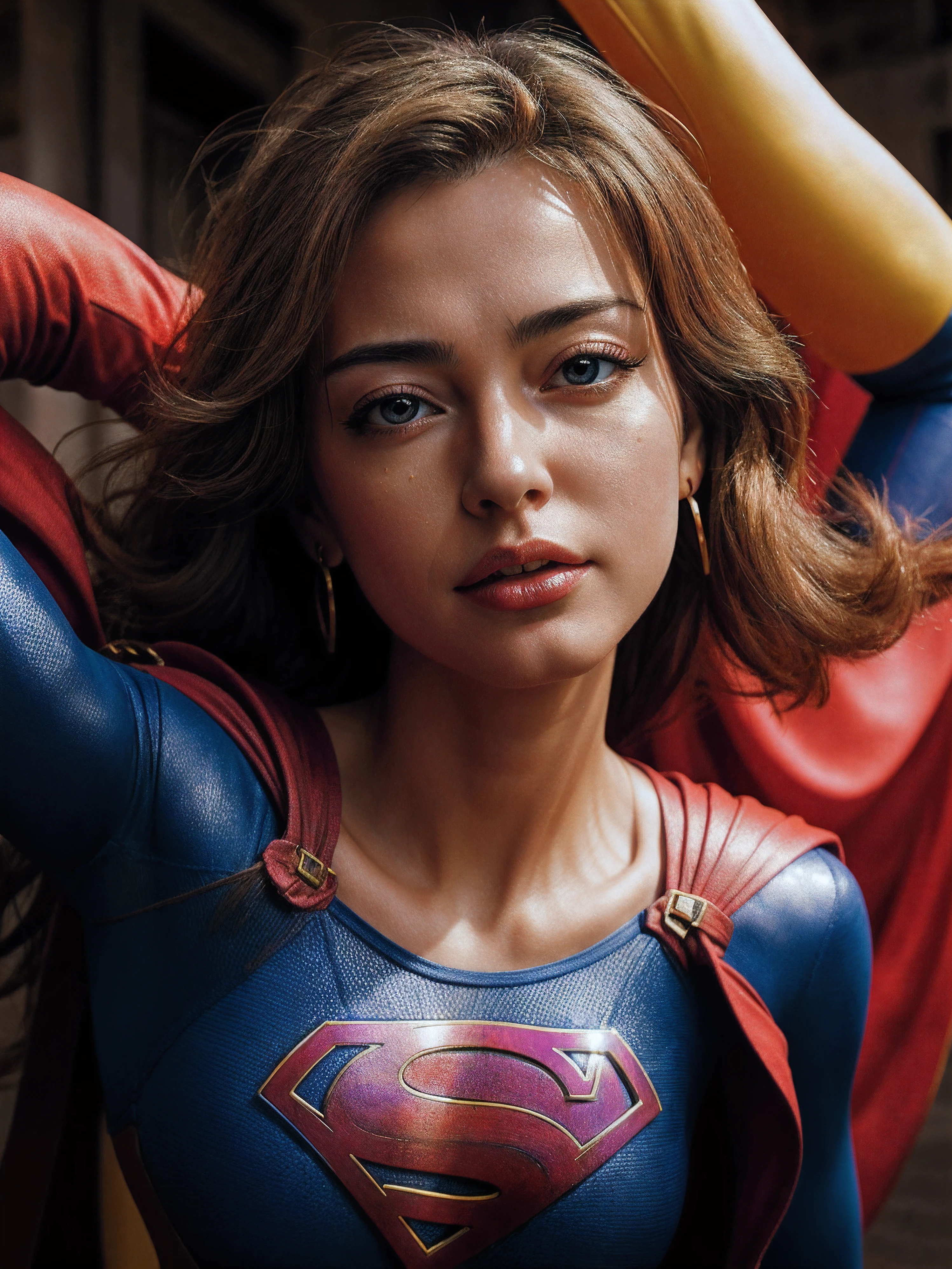face perfect, beautiful face of a 15 year old, dressed as supermen, with red background,