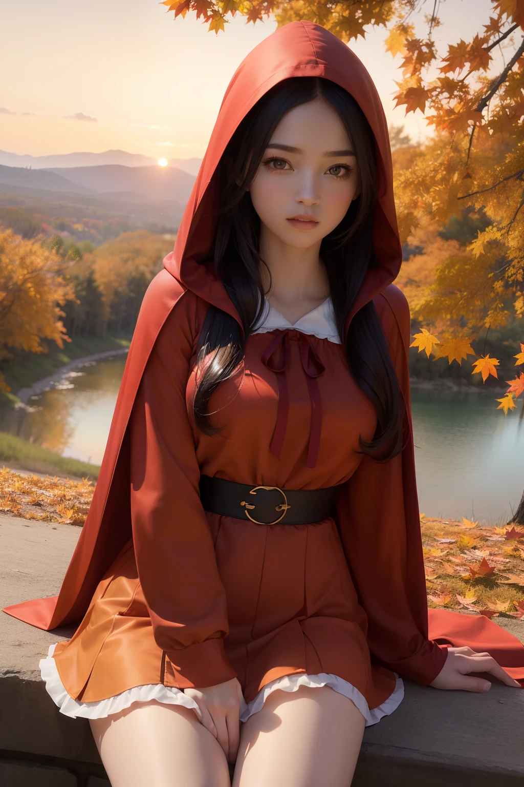 ((masterpiece, best quality, ultra-detailed, ultra-HD, photorealistic, cinematic)), medium camera shot, ((sweet pose, leaning against a tree)), (sweet female as red riding hood), perfect anatomy, proportioned hands, red loose waves hair, (knee-length red hooded cape, a white puffed-sleeve blouse, and a modest knee-length dress in earthy tones), ((dynamic background, autumn)), ((sunset))