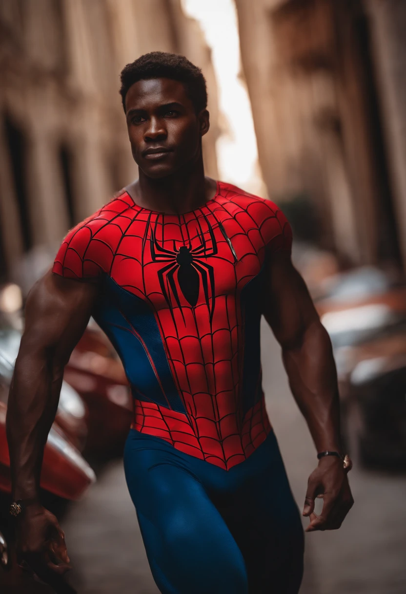 man, hunk, armpit hair, muscle, , black skin tone, no underwear, spiderman costumw