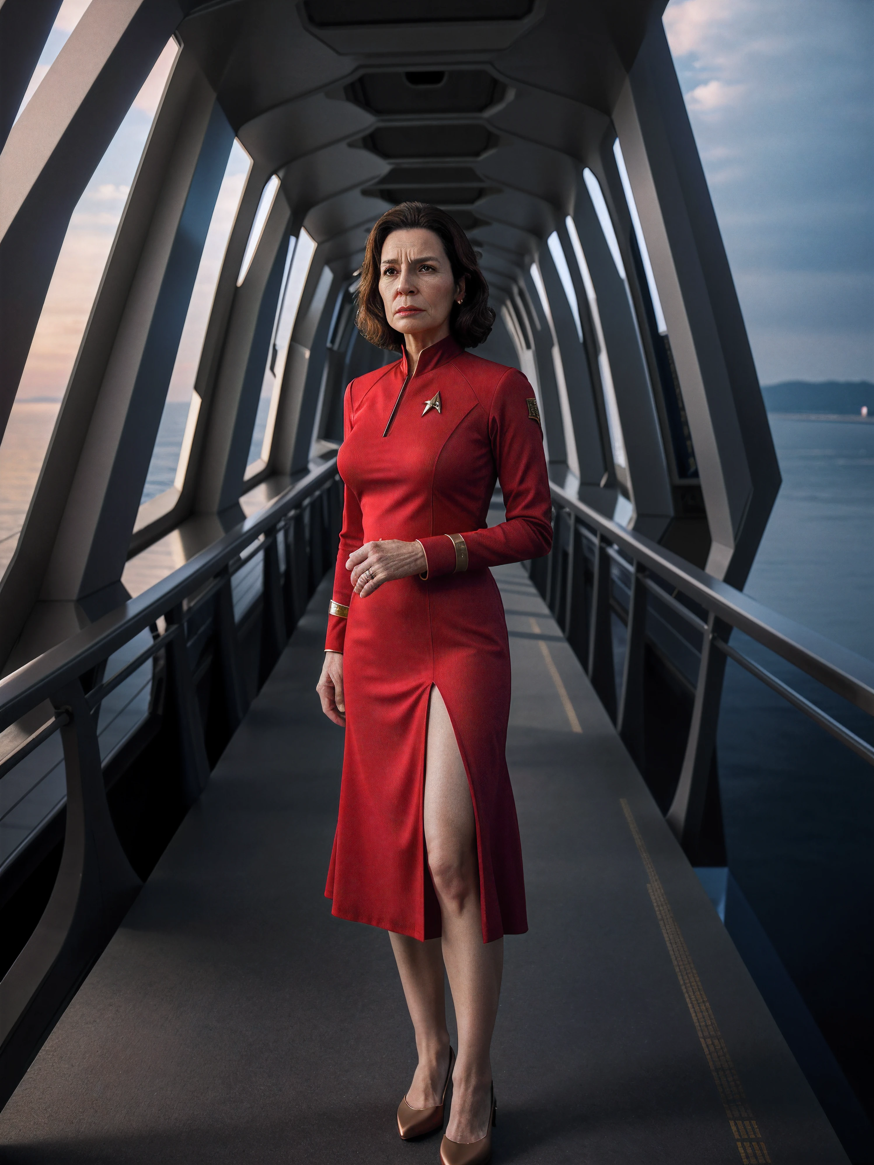 full body shot, photorealistic photo of Krloal, a middle aged woman, fine lines and wrinkles, stoic expression, wearing a red star trek dress, standing on the bridge of the Enterprise, looking at the camera, realistic, (masterpiece:1.1), (best quality:1.1), beautiful, (intricate details), unity 8k wallpaper, ultra detailed, aesthetic, perfect lighting,