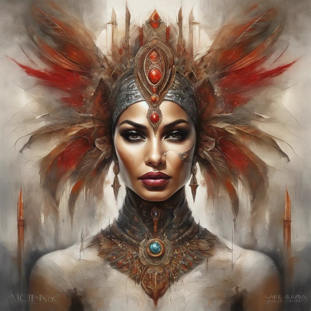 futuristic indigenous futurism,actress priyanka chopra as An advanced cybernetic cyborg indian Hindu goddesses of war, sensuality,artistic details,cyberpunk hindu mythology,epic sci-fi fantasy, centered,in the style of Nick Alm fantastical futuristic fantasy compositions, dark prism, dark, metallic compositions, symmetrical arrangements, cybernetic ethereal iridescent metallic colors , distinctive noses, ethereal,blood splatter colorful, eye-catching metallic compositions, symmetrical geometry, distinctive noses, gothic references, with a bold lines and streaks of black,white,red, gold and silver, fantasy sci-fi art, a detailed painting, ,Alex Alemany merge Karol Bak