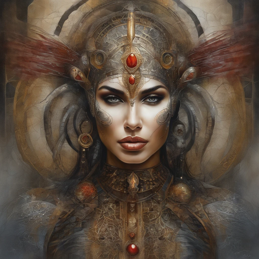 futuristic indigenous futurism,actress priyanka chopra as An advanced cybernetic cyborg indian Hindu goddesses of war, sensuality,artistic details,cyberpunk hindu mythology,epic sci-fi fantasy, centered,in the style of Nick Alm fantastical futuristic fantasy compositions, dark prism, dark, metallic compositions, symmetrical arrangements, cybernetic ethereal iridescent metallic colors , distinctive noses, ethereal,blood splatter colorful, eye-catching metallic compositions, symmetrical geometry, distinctive noses, gothic references, with a bold lines and streaks of black,white,red, gold and silver, fantasy sci-fi art, a detailed painting, ,Alex Alemany merge Karol Bak