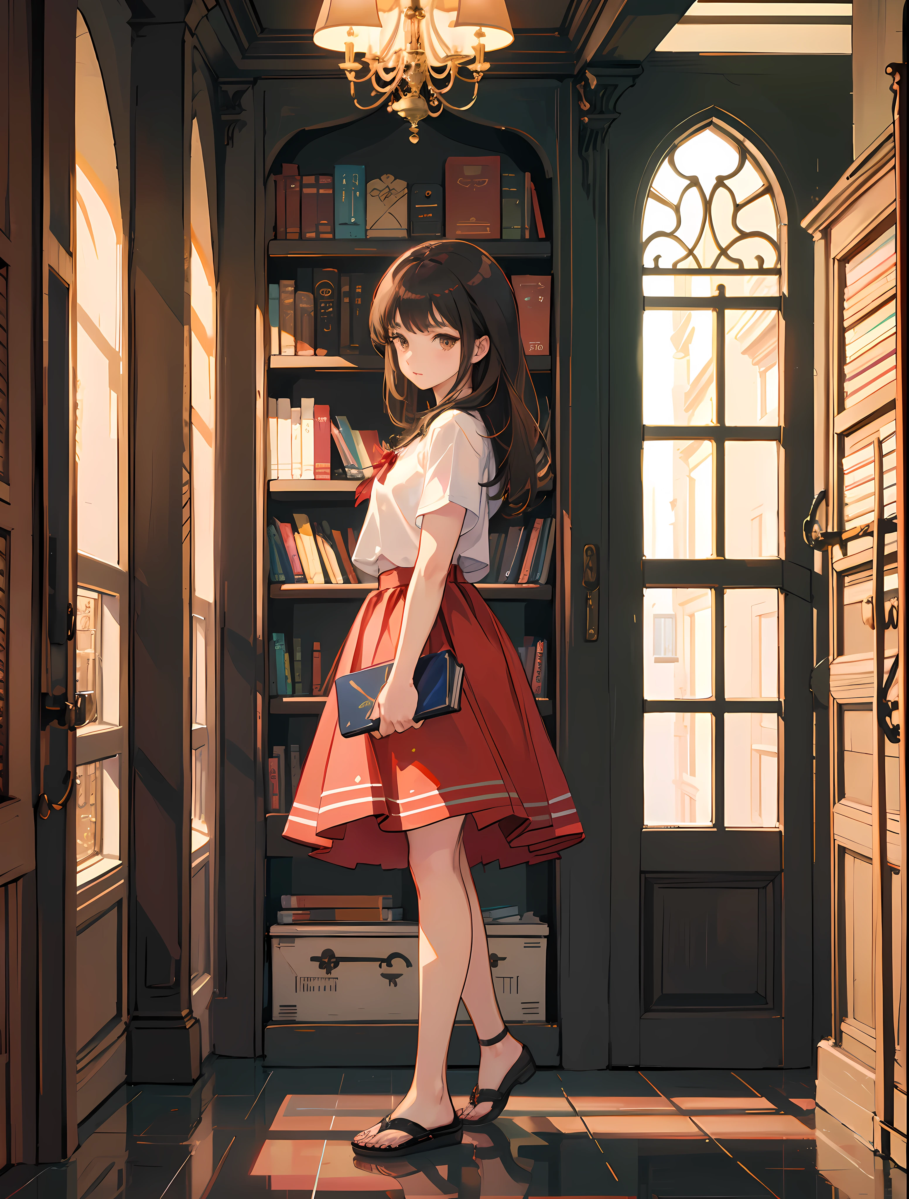 1girl, arms at sides, bangs, black hair, blurry, book, book stack, bookshelf, brown eyes, brown hair, closed mouth, food, fruit, full body, hallway, indoors, library, long hair, long skirt, looking at viewer, mysterious, red skirt, reflective floor, sandals, shirt, short sleeves, skirt, solo, standing, sunlight, t-shirt, walking, white shirt, window