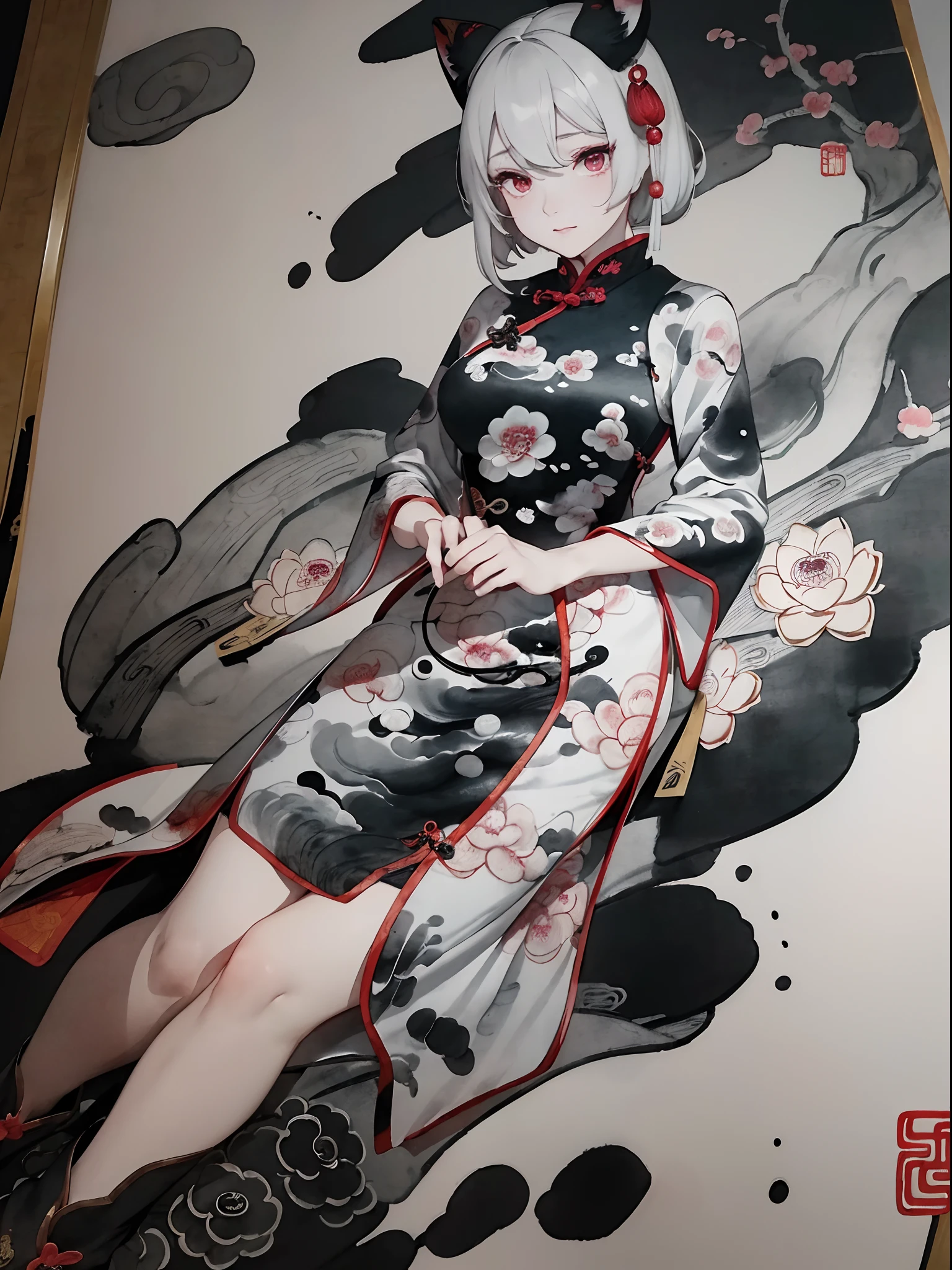 ((8K,​masterpiece、top-quality))、((Traditional Chinese Ink Painting:1.4)),lotuses,((qipao dress:1.3)),Dress conservatively ,独奏、white  hair、fox ear、blanche,looking at viewert