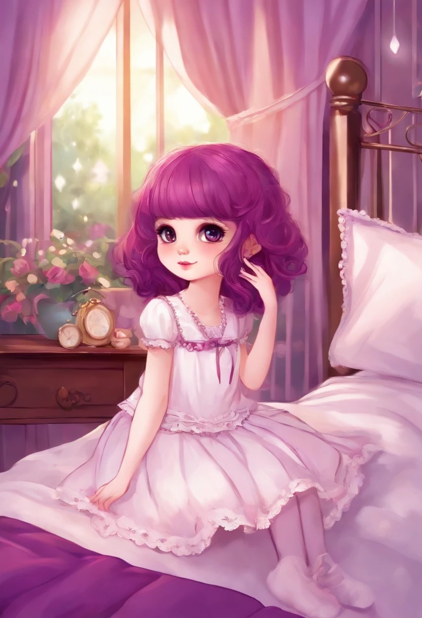 A ,on top of the bed,Wearing white stockings,purple dress,maroon hair,extremely cute