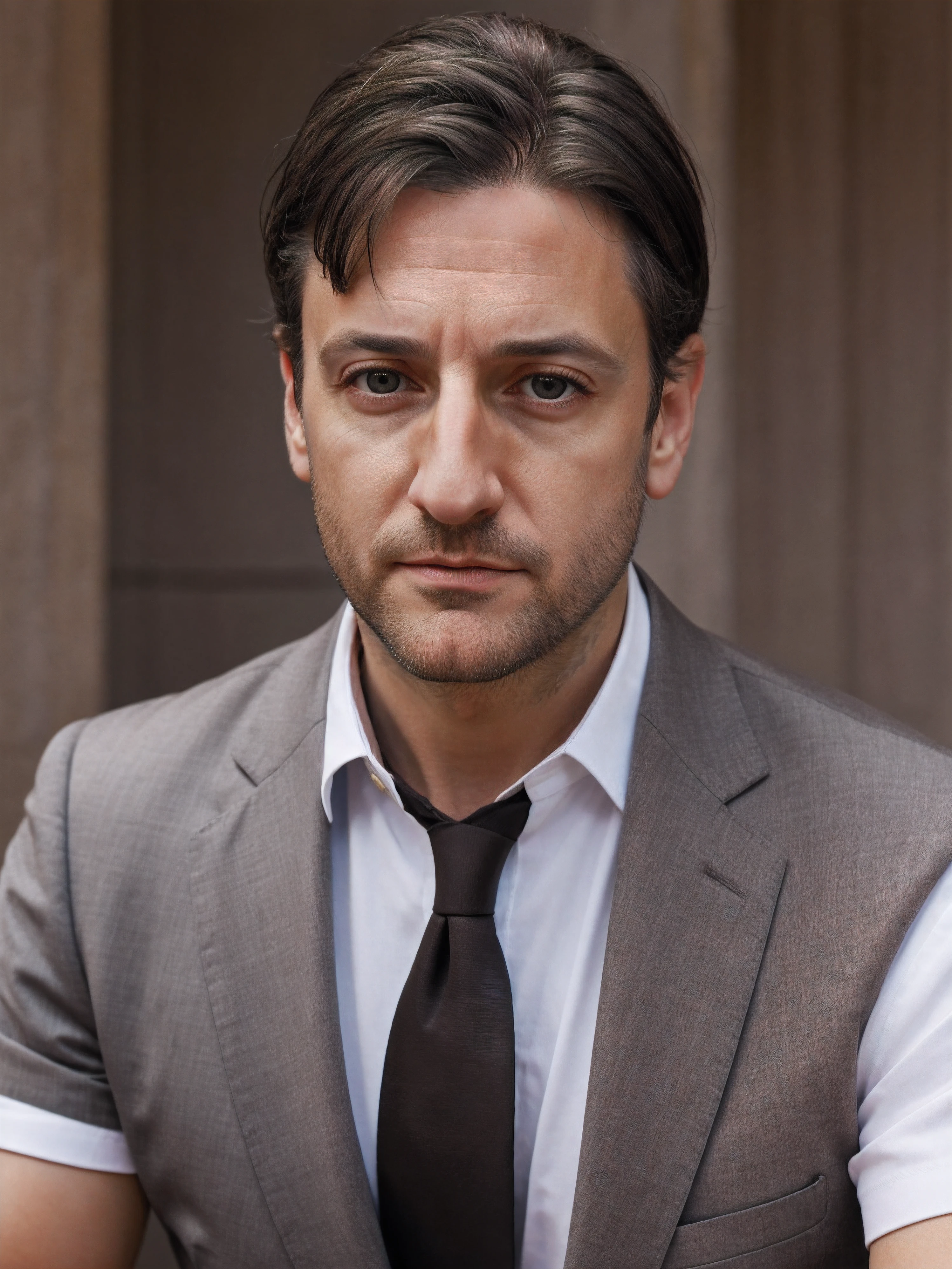 Raule Esparza, masterpiece, best quality, 1boy, brown eyes, short brown|grey hair, closed mouth, , looking at viewer, shirt, short hair, simple background, solo, upper body, Lawyer suit and tie ,
