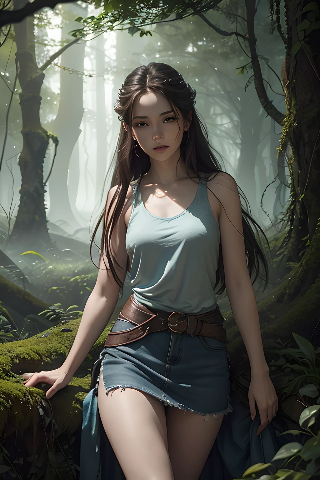 A dreamlike and ethereal rendering of a perfect lady in a tank top and denim miniskirt, set in a magical forest bathed in the soft glow of bioluminescent plants. The scene should convey a sense of enchantment and wonder, with intricate, highly detailed elements and a smooth, otherworldly quality. Drawing inspiration from the works of John Howe and Brian Froud, the image should be suitable for a high-resolution display, creating a captivating and immersive experience.