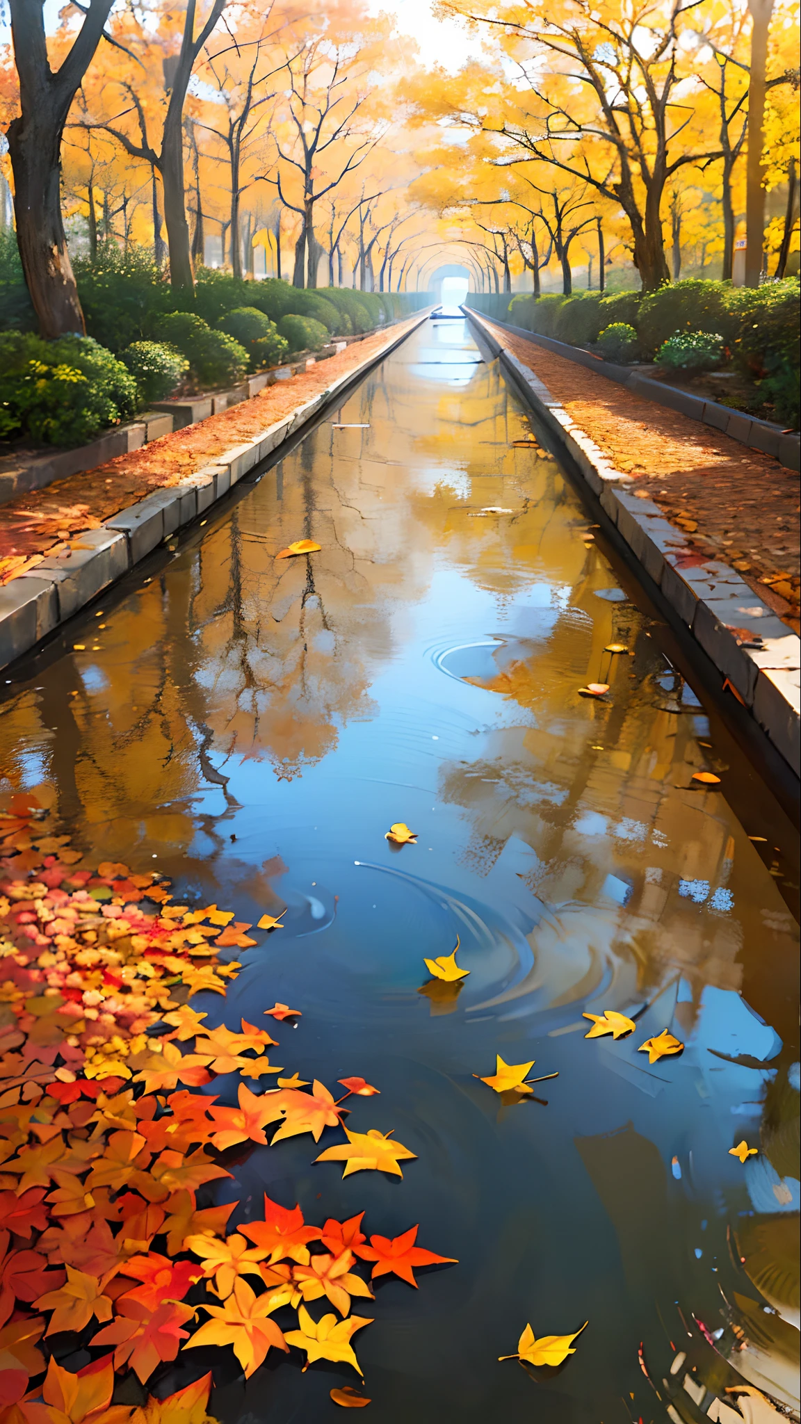 autumn, Yellow leaves, Sateen, Raindrops falling into a puddle