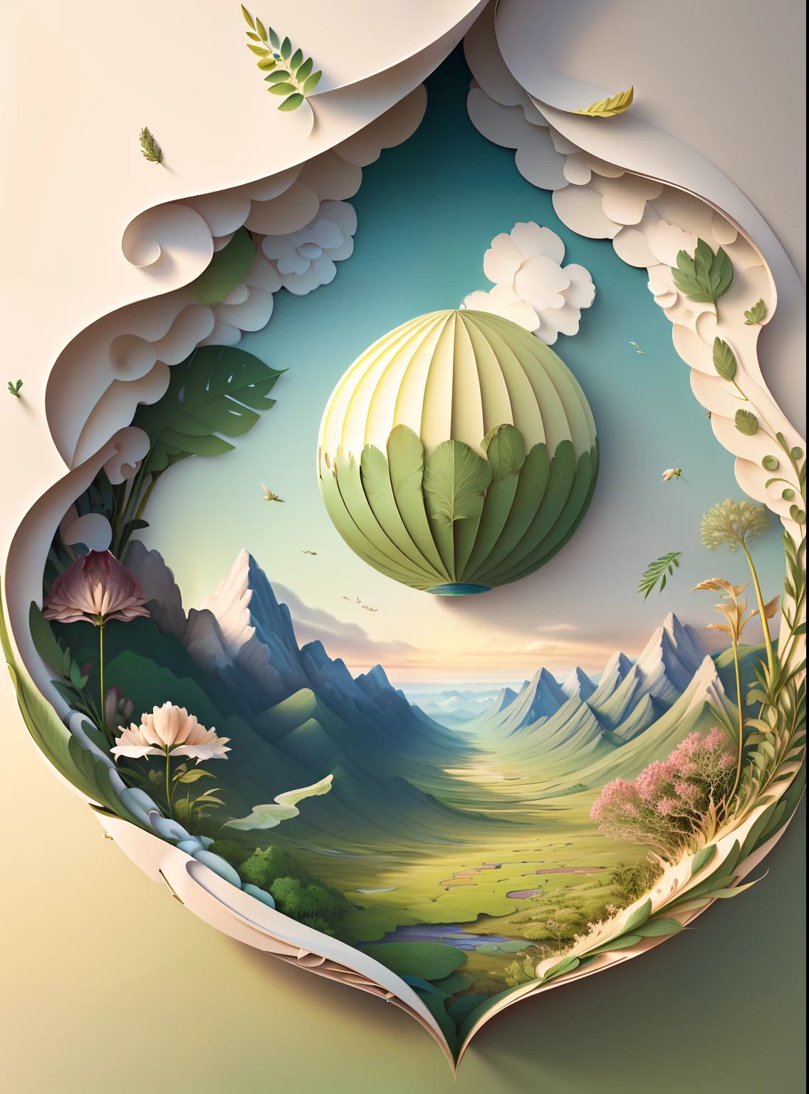 Natural and organic depictions of vast landscapes,Sky and steppe,floral arrangements,Clouds,Big wind,Features earth tones and botanical motifs,Withdraw connections to nature and the environment,Influenced by botanical illustrations or environmental art,softlighting,(warm color:1.15),best quality exquisite details,3D rendering of,the rainforest,Tropical plants,fern