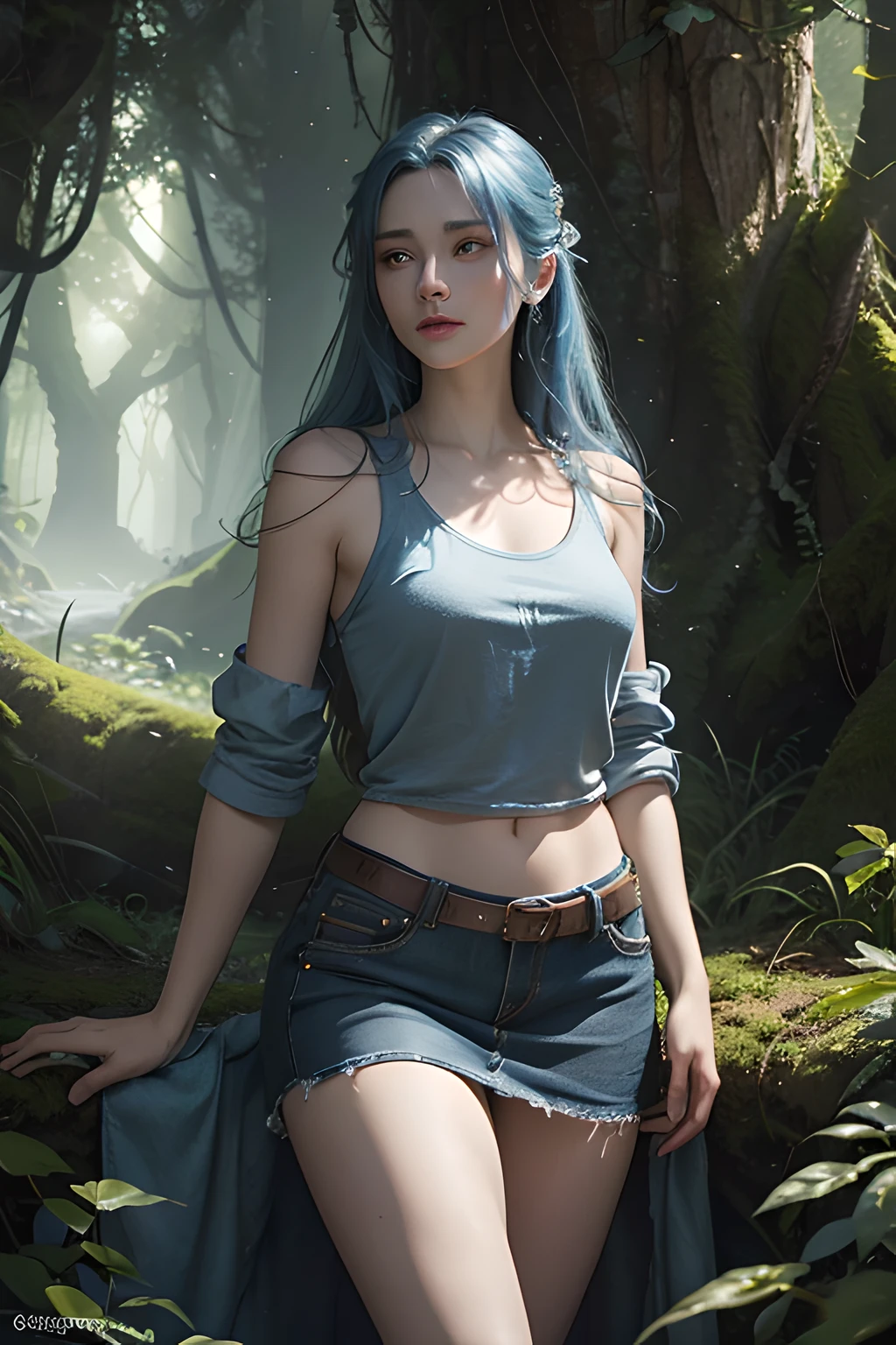 A fantasy girl with light blue-gray skin and large, vibrant eyes stands in a magical forest filled with large, glowing mushrooms. She has long, multi-colored hair that mixes blue-green, pink, and orange, which hangs from under the hood of an intricately patterned, bright orange cloak. Her face and body are adorned with tribal rune tattoos that match the pattern on her jacket. She wears a tight-fitting black crop top and dark denim shorts with metallic trim, giving her a look that is a mix of ancient, intricate, and futuristic. The backdrop is a dimly lit dream forest, giving the feeling of being in a dreamland of fantasy and wonderland..