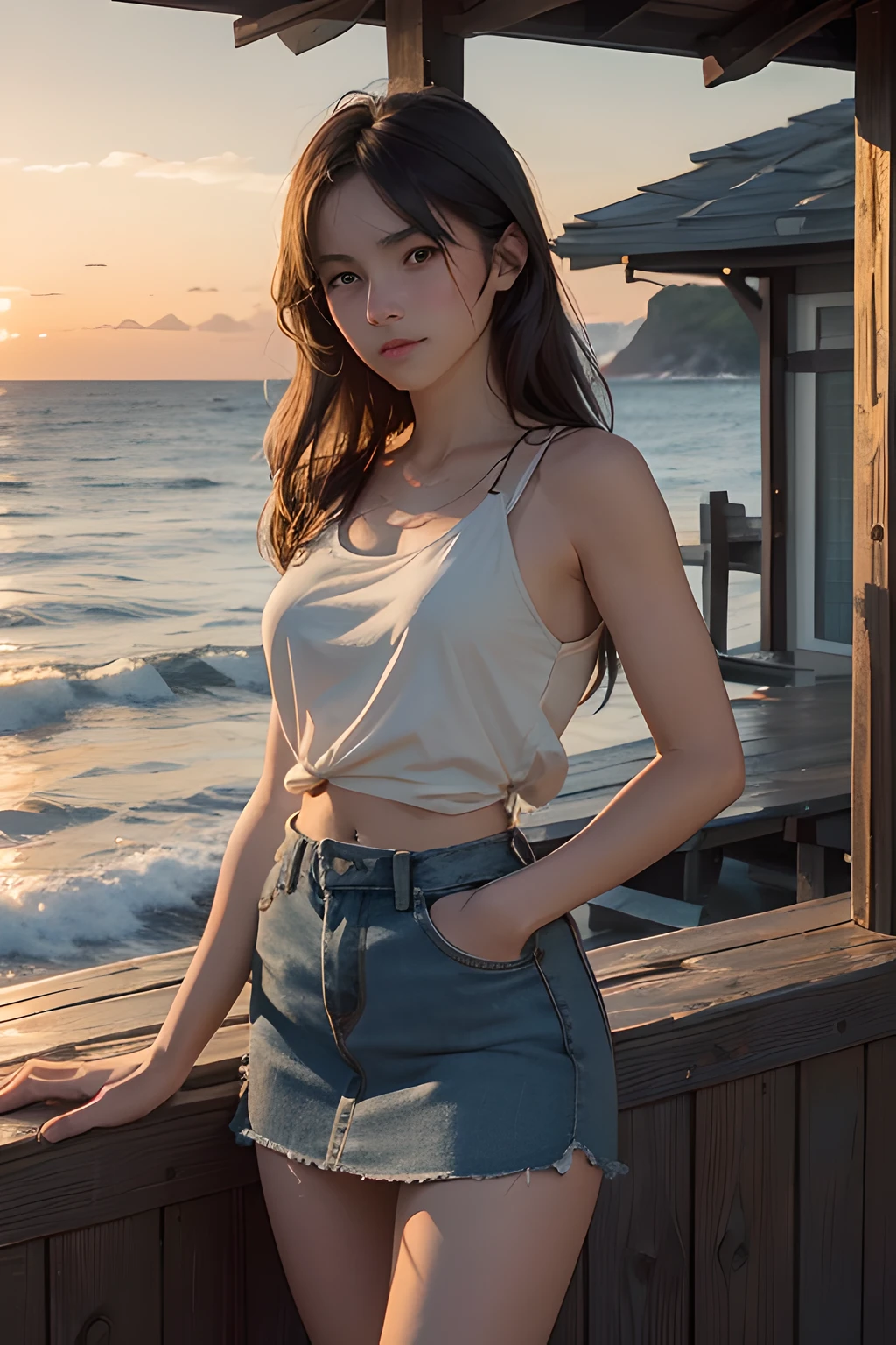 A striking portrayal of a perfect lady wearing a tank top and denim miniskirt, illuminated by the soft, golden light of a coastal sunset. She stands on a weathered wooden pier overlooking the serene ocean, evoking a sense of nostalgia and romance. Achieve intricate details and a smooth finish to capture the warmth and charm of the moment, taking inspiration from the works of Edward Hopper and Winslow Homer. The final image should have cinematic qualities for a timeless feel.