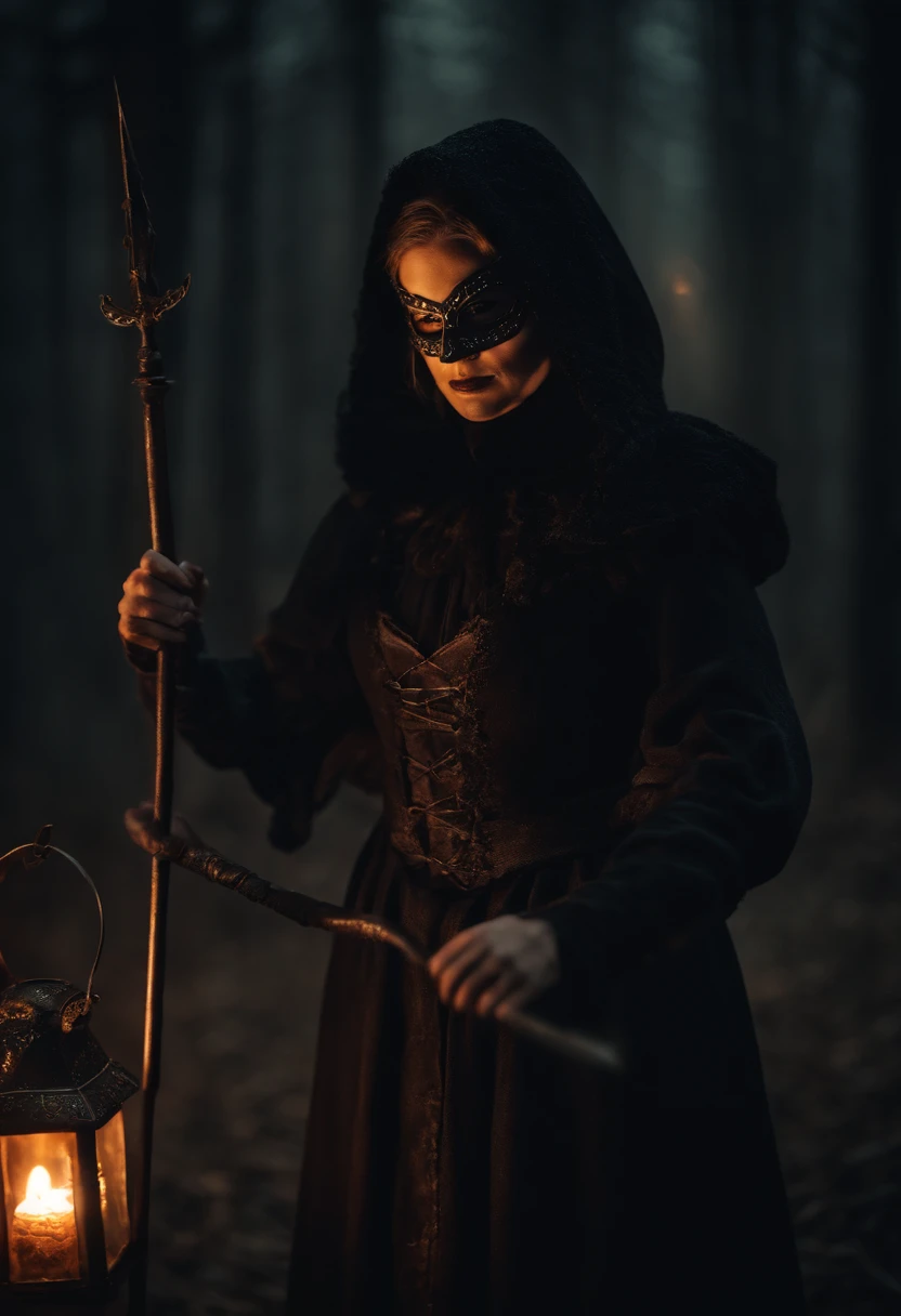 Gothic hunter woman with pitchfork, Venetian mask, Lantern with candle, sinister, Medieval atmosphere