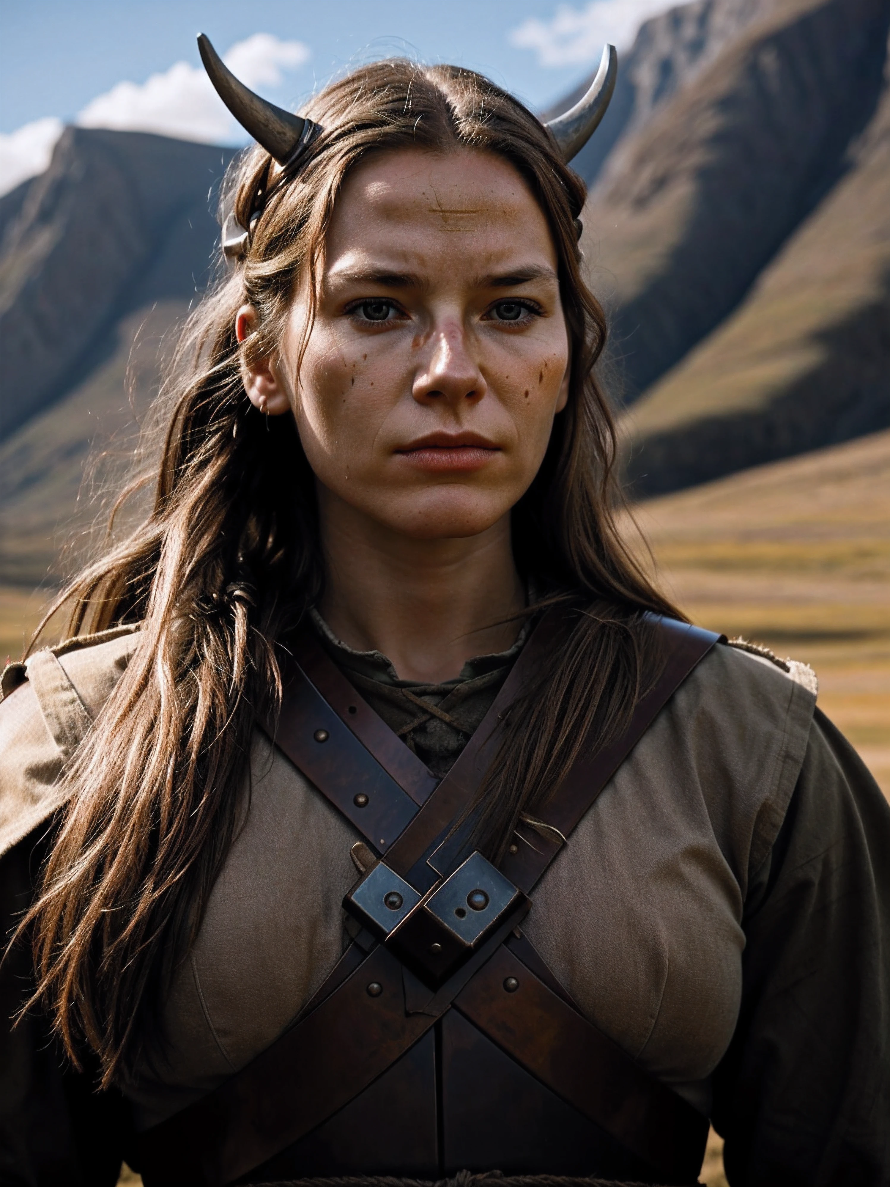 Cinematic close-up: female Viking soldier, rugged mountain backdrop, fierce spirit, authentic warrior valor.