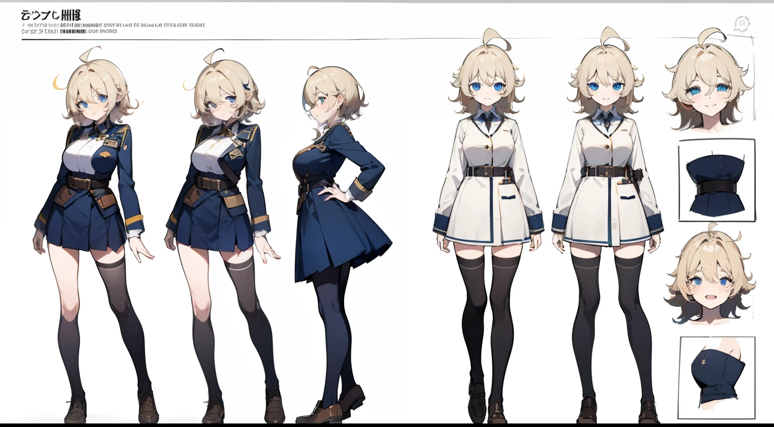((Masterpiece, highest quality)), detailed face, character sheet, Full body, 1girl, blue eyes, long blonde thin hair, short hair, ahoge, ((messy hair)), hair between eyes, tight military white dress, mini-skirt, many belts, cardigan, black thigh-highs, smile, yandere, gold and sapphire theme, pale skin, full of details, multiple poses and expressions, highly detailed, depth, many parts
