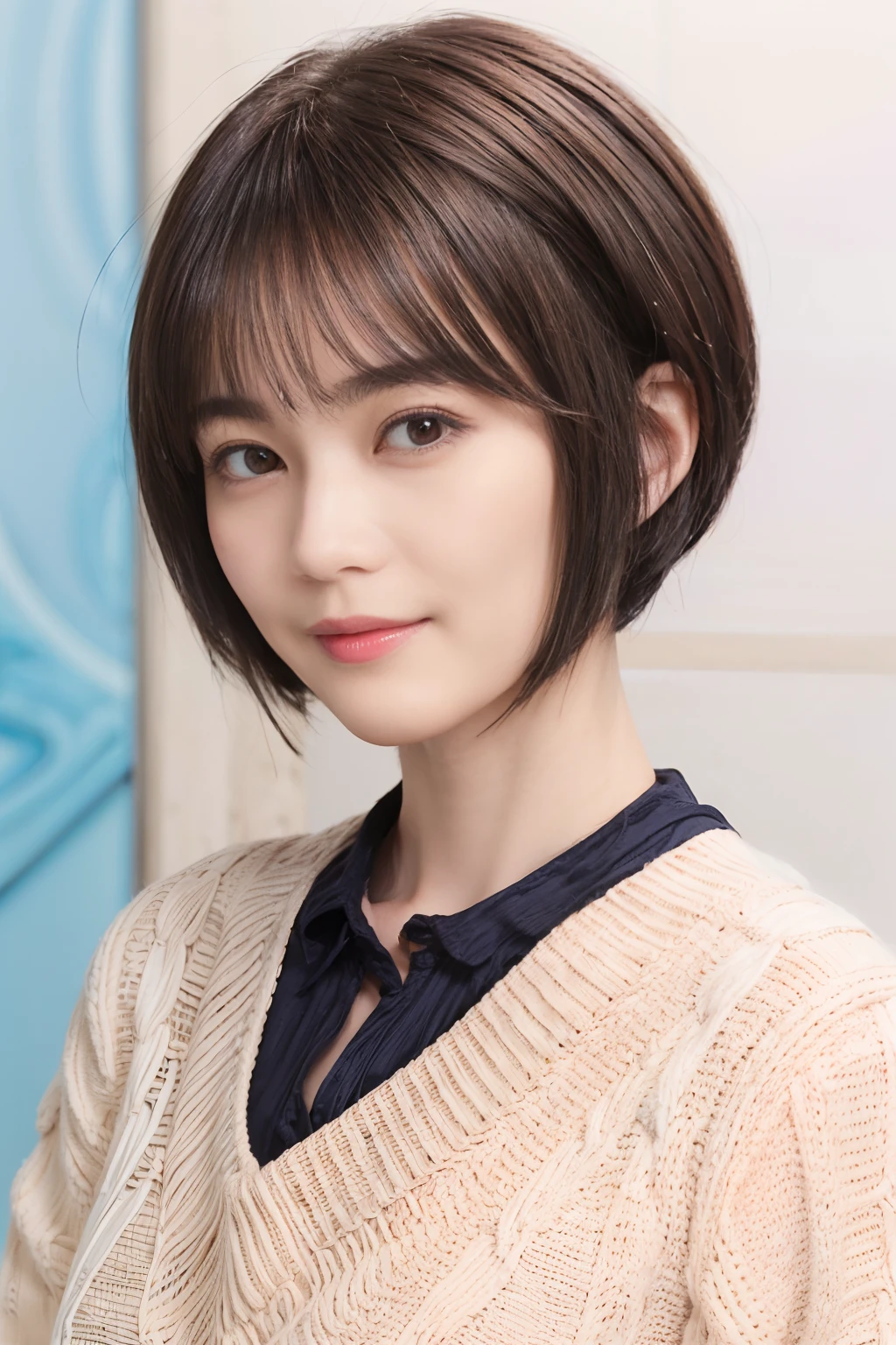 55
(a 20 yo woman), (A hyper-realistic), (Masterpiece), (Short bob cut:1.46), kindly smile
