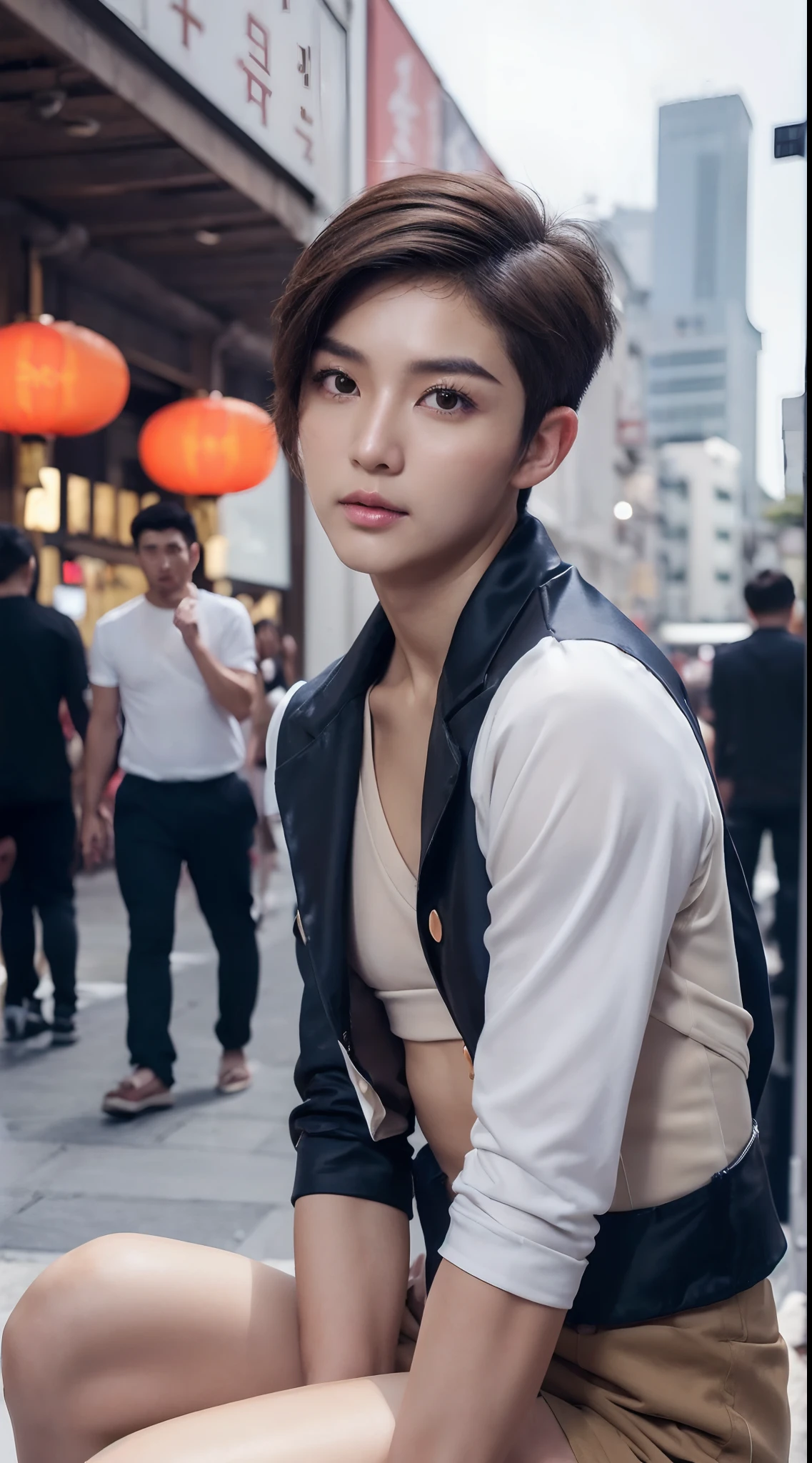 (1 realistic gentleman), (From the bottom up), staring at viewer, masterpiece, vibrant colors, shadows, On the big busy street, effeminine，Blue-black blazer， slim waist, young, tan, female, slim，legs are open，Sit，focuses on the lower body，bare-feet，(((Very manly smooth leg shape))), (ultra cute Korean-Chinese hermaphrodite idol face:1.4), (North China Neutral face), (sidecut manly ulzzang short hairstyle:1.6), masterpiece, best quality，Masculine arms，(all Hands are wrapped in sleeves), (Hazy:1.4), (Male chest:1.6), ［human|Silicone sex doll］, perfect fingers, perfect fat mature legs，Both legs are equal, long hair, (Unlike the ordinary Lora face:1.4), (8k,RAW photo,photorealistic:1.25)(Glossy side with shiny skin,best qualtiy,超高分辨率,depth of fields,color difference,Caustics,Wide light,naturalshadow，Brown pupils), (tan skin, brown skin, dark skin:1.35),  (no makeup:1.4), (17 yo), (chinky eyes:1.5), (darker wheat-colored skin:1.4), (thick eyeslashes), (ssmile:1.1), (even skintone:1.4), Basketball jerseys，Basketball sweatpants, Taiwanese aboriginal girl, Soft, full breasts，The cheeks are slightly thinner，Red ties to lips, ［male|female］， dim murky lights，(male head:1.5)，Slightly forged muscle lines, High body fat rate but not fat, 165cm tall, (Skull in women，men's skin:1.4), tomboy hairstyle