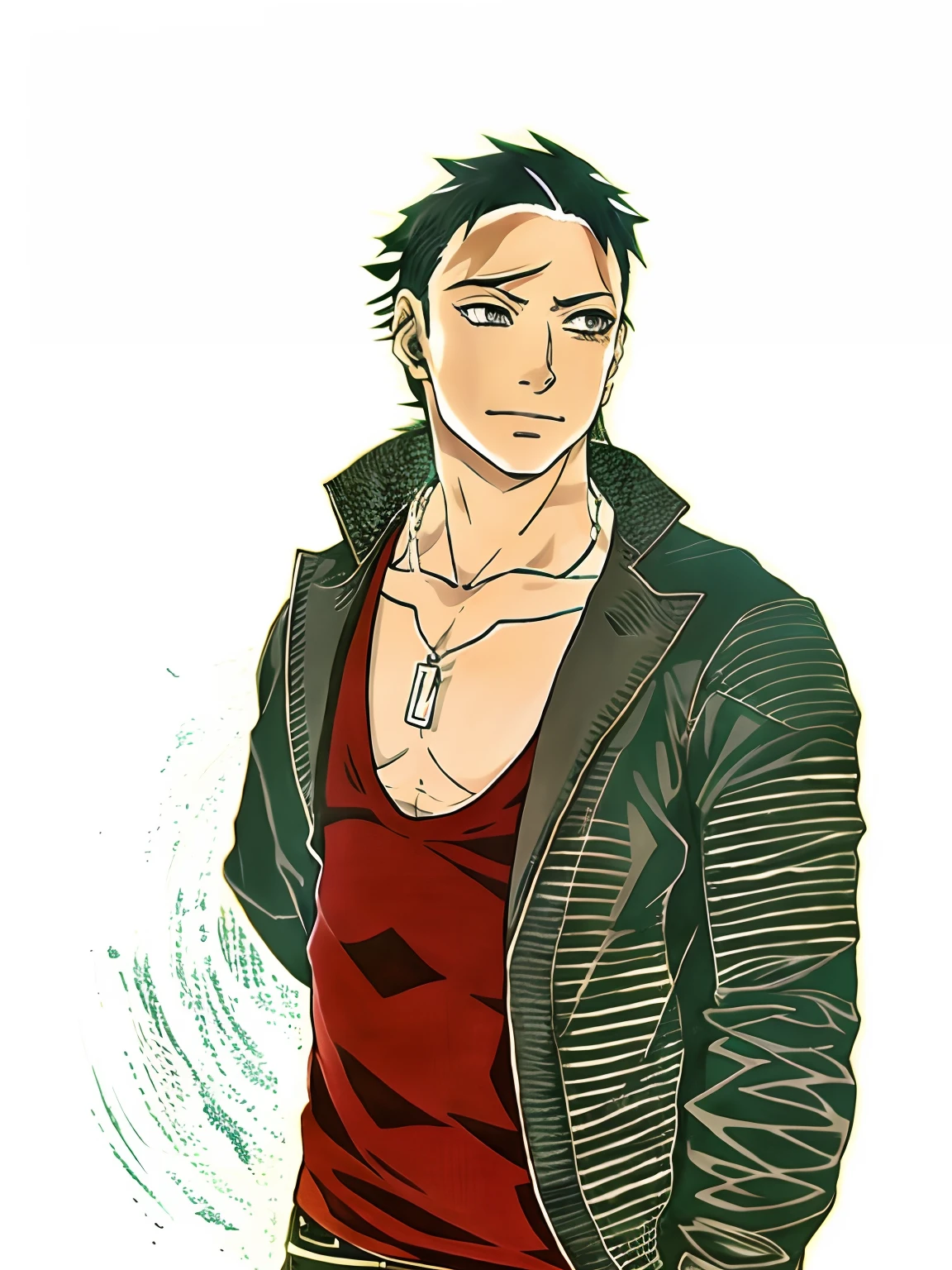 desenho anime de um homem com uma camisa vermelha e jaqueta preta, homem bonito anime, personagem de anime masculino, Kentaro Miura estilo de arte, Roronoa Zoro, kentaro miura manga style, kentaro miura manga art style, inspirado em Sugimura Jihei, personagem estilo anime, Homem de Anime, jovem homem de anime, Retrato anime de um homem bonito