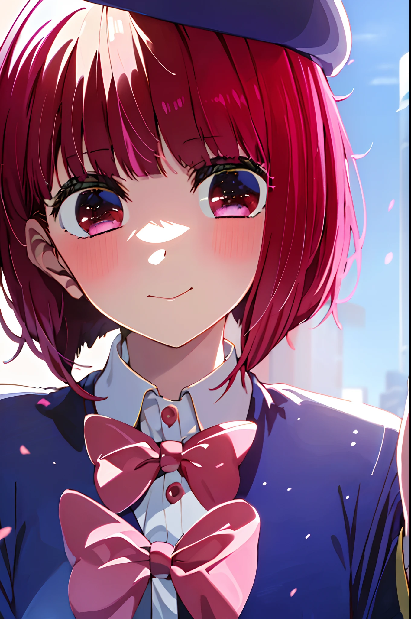 (masterpiece, best quality, highres),
arima kana \(oshi no ko\),
school_uniform, violet beret, pink_red bowtie, violet_jaket
