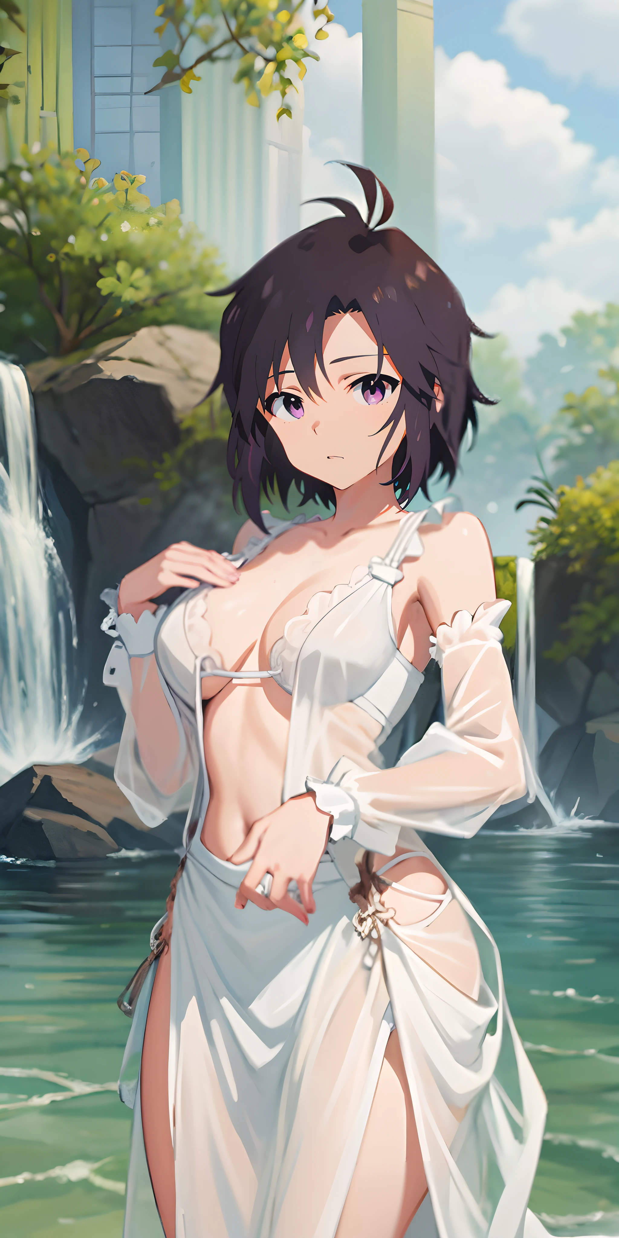 makoto kikuchi, (short hair, black hair:1.6), purple eyes, see-through, breasts, 1girl, large_breasts, wet, wet_clothes, looking_at_viewer, long_sleeves, mature, water, mole, wading, lips, solo, outdoors, thighs, wet_dress, navel, standing, no_bra, "long shot scenic professional photograph of {prompt}, perfect viewpoint, highly detailed, wide-angle lens, hyper realistic, with dramatic sky, polarizing filter, natural lighting, vivid colors, everything in sharp focus, HDR, UHD, 64K", anime coloring, anime screencap, steaming body, fog, heavy breathing,