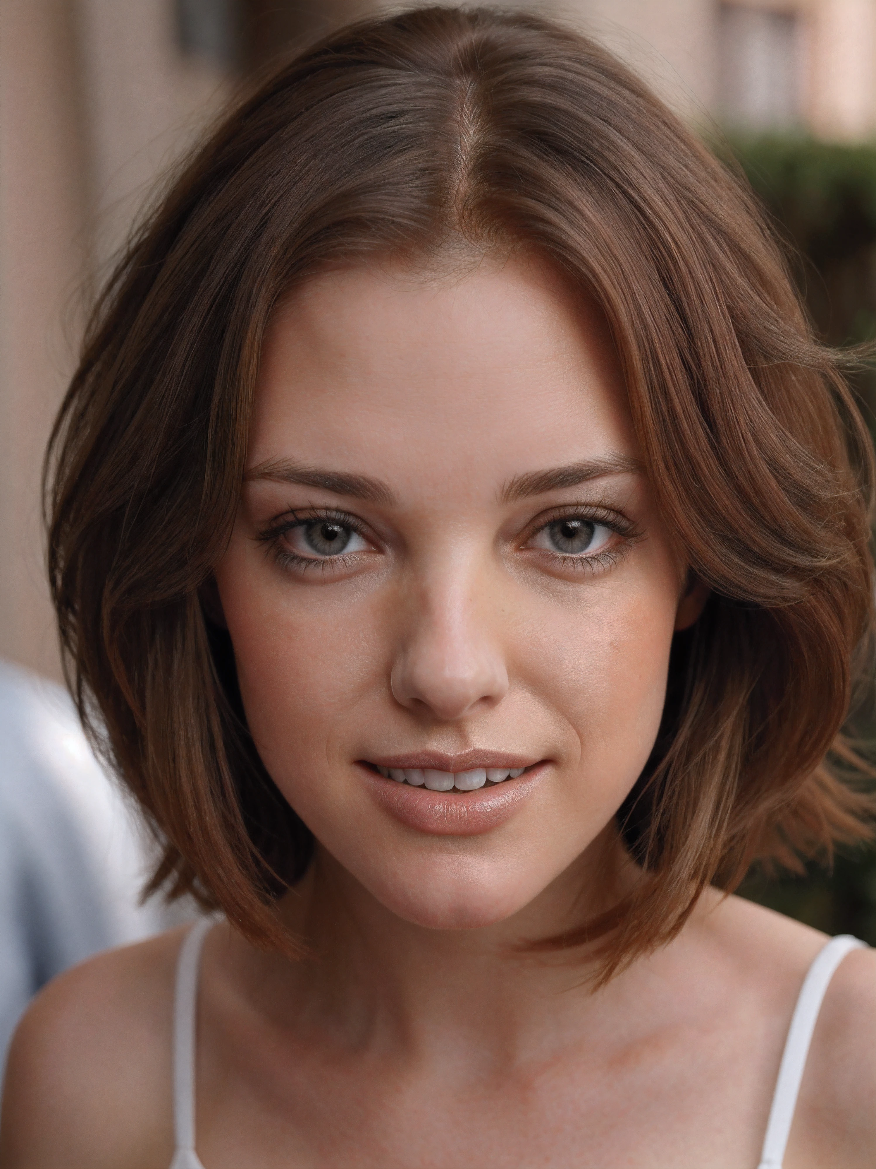 1girl, white in her 20s, beautiful, brown hair, smile, whole body, long legs, hourglass figure, oval face, high cheekbones, sharp-focus: 1.2, perfect body shape: 1.4, slender abs: 1.1, ((light brown hair, parted hairstyle, 1.2)), standing: 1.2, , close up of highly detailed face, highly detailed skin texture, Anna Kendrick