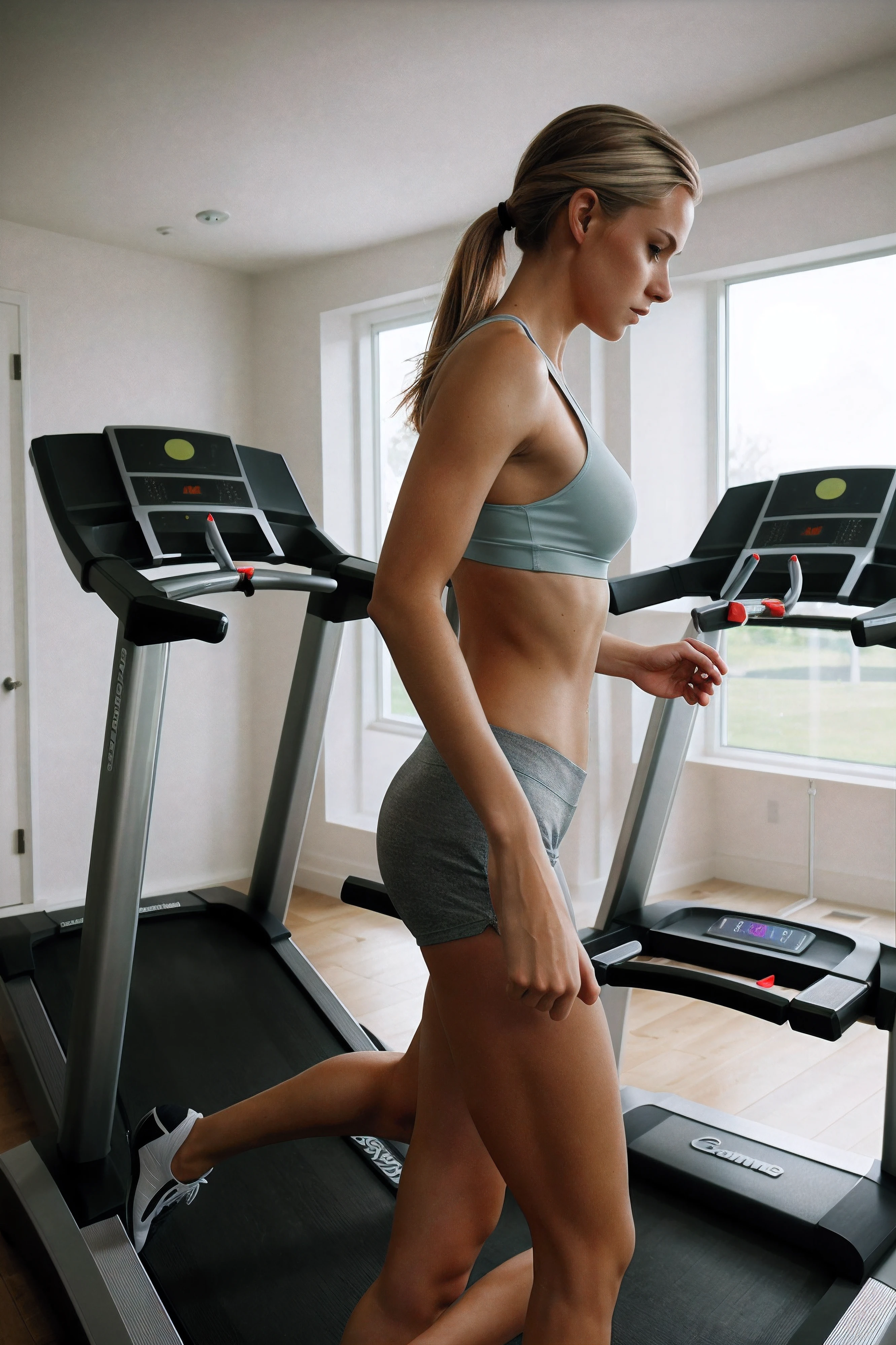 full length portrait of a stunningly beautiful Scandinavian woman wearing short gym clothes running on a treadmill, slim athletic build, from the side, god rays, cinematic lighting, centered, photo realistic, HDR, (long legs), cleavage,