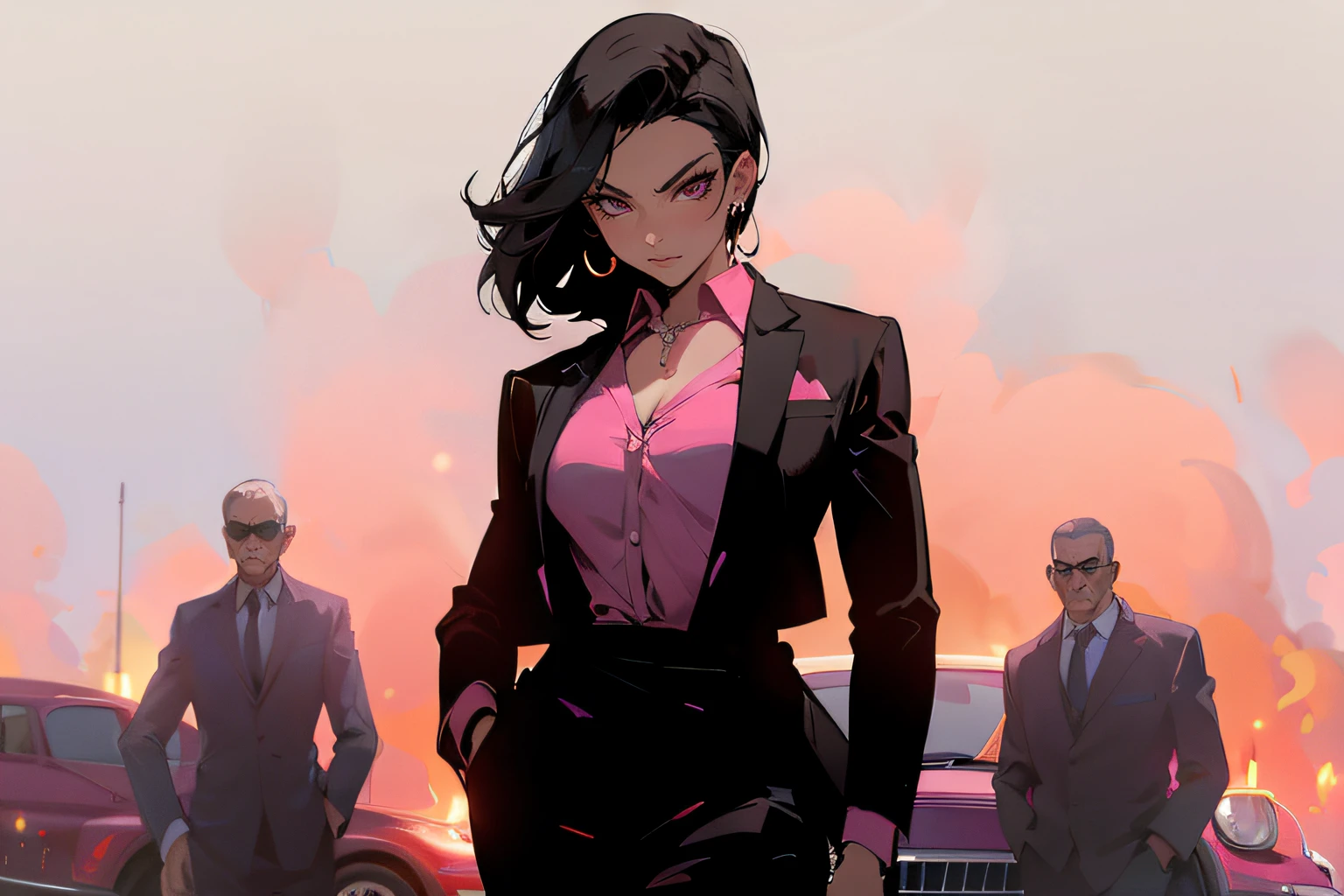 sexy mob boss, formal pink outfit, black hair, mean look