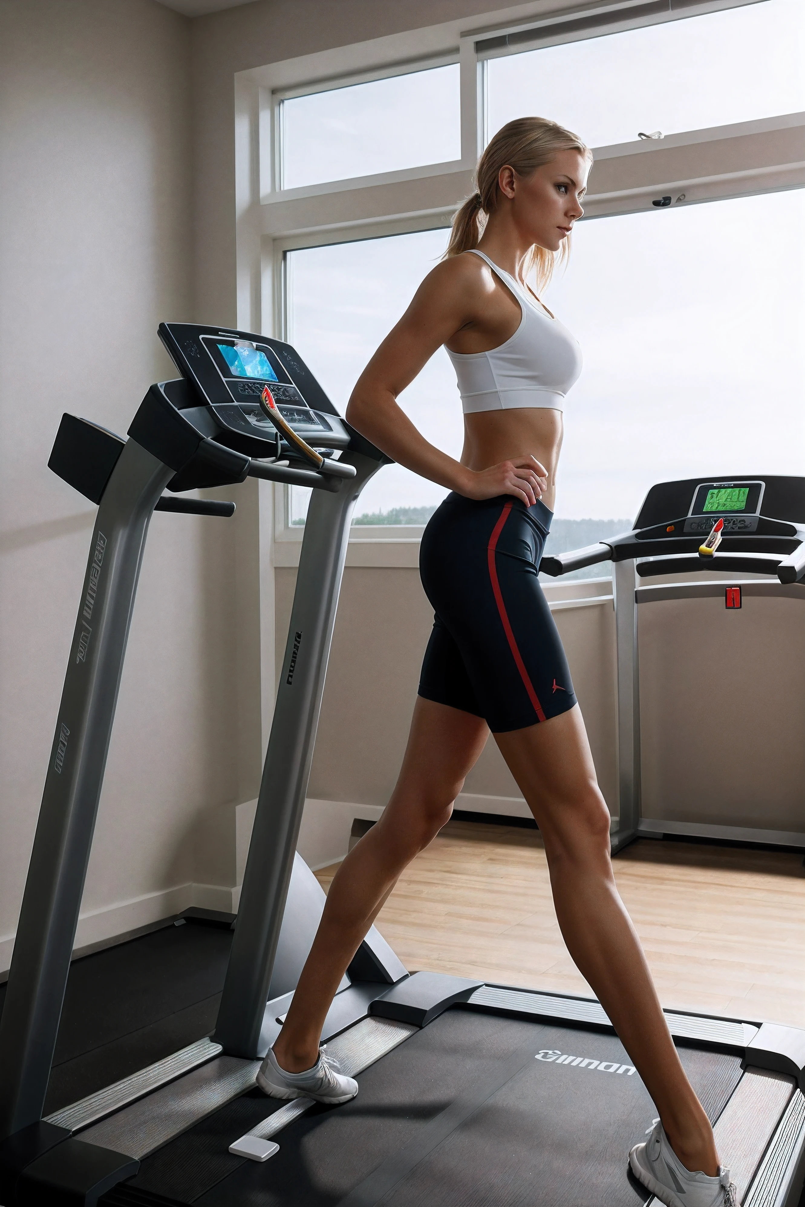 full length portrait of a stunningly beautiful Scandinavian woman wearing short gym clothes running on a treadmill, slim athletic build, from the side, god rays, cinematic lighting, centered, photo realistic, HDR, (long legs), cleavage,