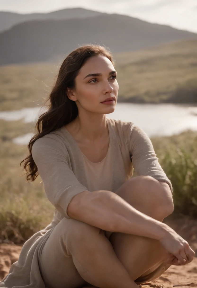 Crie uma imagem de Gal gadot meditando em uma paisagem deslumbrante, This art needs to have fantastic lighting.