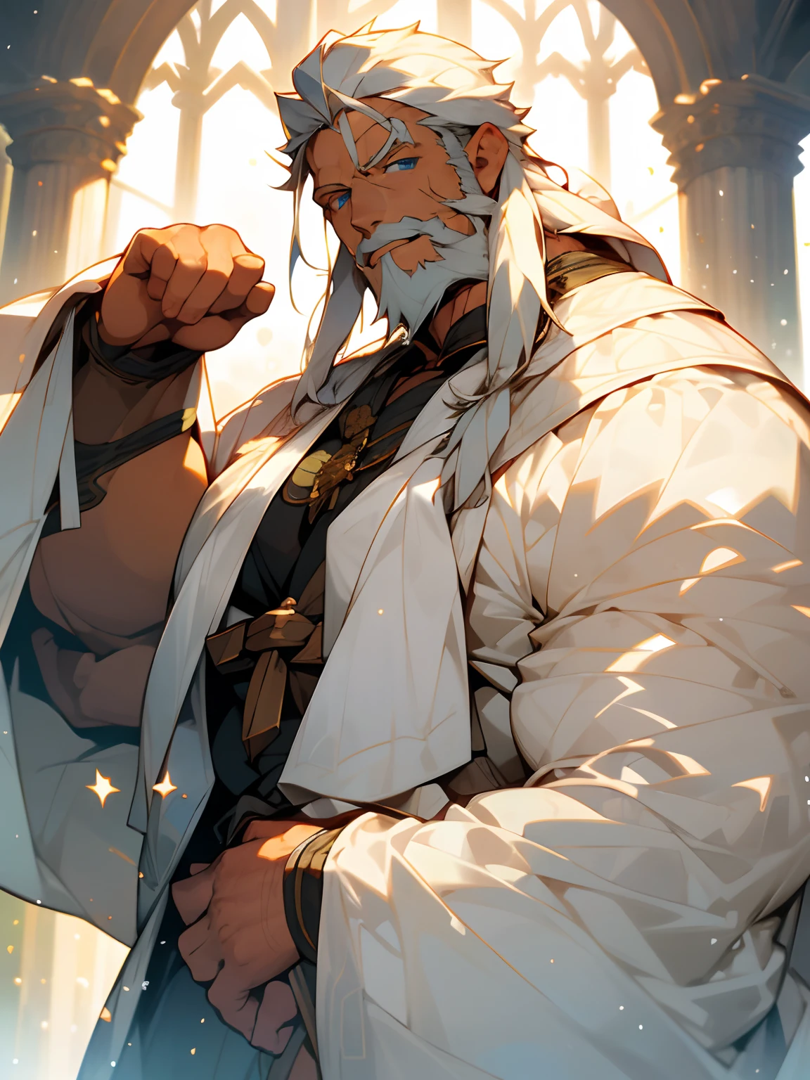 Extremely detailed, Detailed face, Detailed eyes, view full body, god ,muscular body, Fat(Fat), white hair and long beard、blue eyess、aureola、Deities々s clothing、Good eyes, Background with(sacred place)