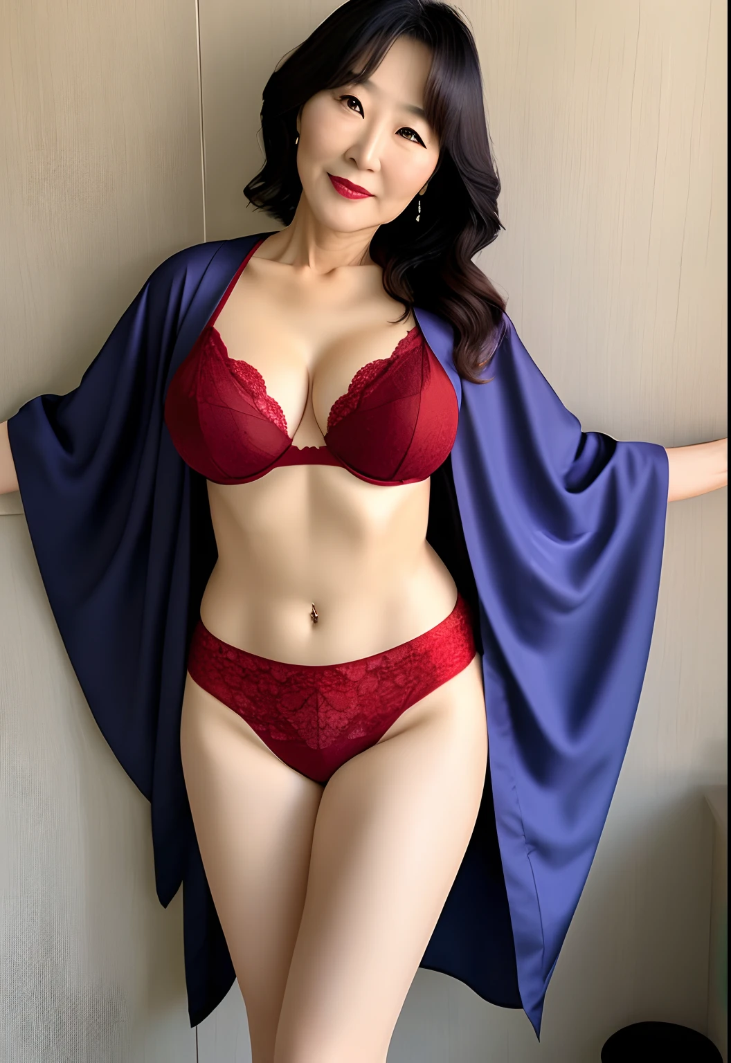 realistic photo, mature Japanese mother, 45 years old, beautiful face, tender and sexy look, red lips, big breasts, narrow waist, wide hips, long legs, sexy kimono