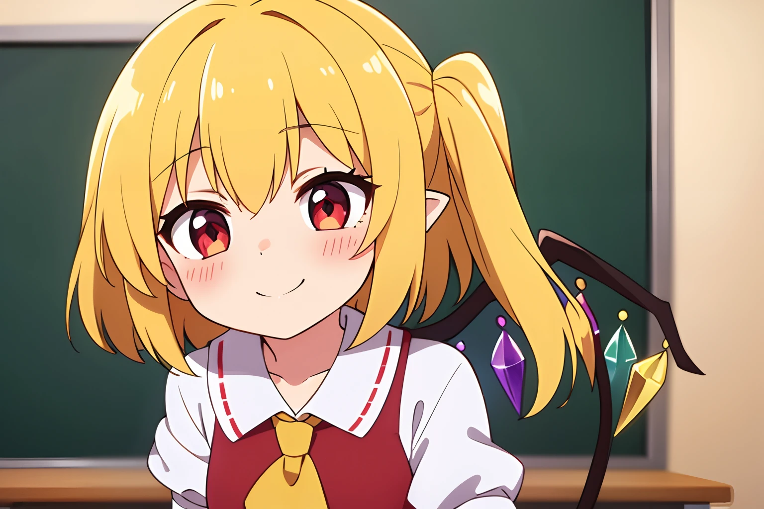 Anime style、Best Quality, 1girl in, Solo, (Flandre Scarlett staring at camera)、From upper body up、is standing、 a smile、blushed face、beautiful countenance、Eye Highlights、Petite、Red eyes、bright yellow hair in the side tail,、shortsleeves、childish、Classroom