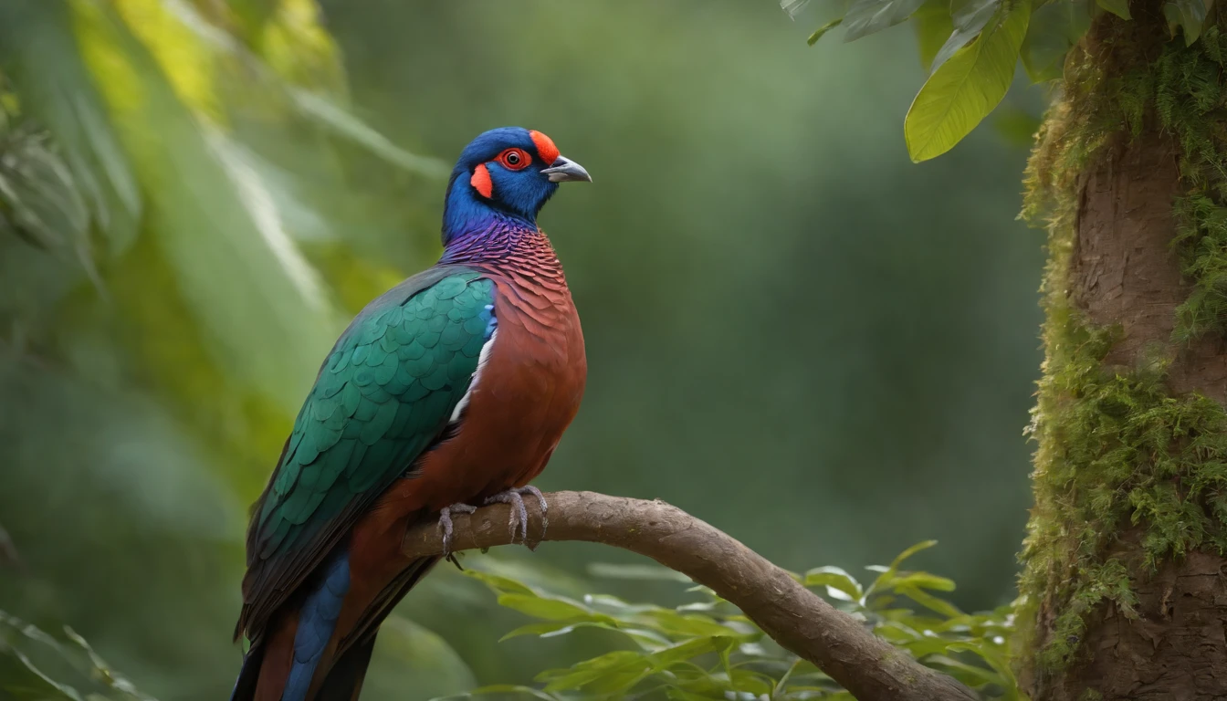 A magnificent Black-naped pheasant-pigeon perched on a lush tree branch, its feathers displaying iridescent hues of blue and green, catching the sunlight in a mesmerizing manner. The bird's regal stance exudes confidence and elegance, with its distinctive black nape feathers standing out vividly. The intricate patterns on its wings and tail feathers resemble intricate works of art, drawing the viewer's attention. The surrounding environment is a tropical rainforest, rich in vibrant vegetation and diverse plant life. The air is humid, and the sounds of chirping birds and rustling leaves create a serene backdrop. The atmosphere is tranquil and teeming with life, capturing the essence of the bird's natural habitat. The style chosen for this image is an illustration with fine details and vibrant colors, allowing the intricate plumage to shine. The illustration will be created using digital art techniques, ensuring precision and depth in depicting the bird's features and surroundings. --ar 16:9 --v 5