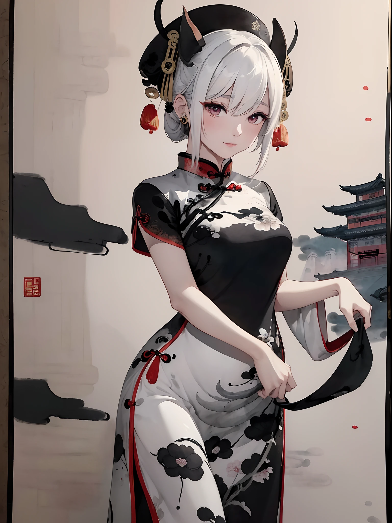 ((8K,masterpiece、top-quality))、((Traditional Chinese Ink Painting:1.4)),lotuses,((qipao dress:1.3)),Dress conservatively ,独奏、white hair、fox ear、blanche,looking at viewert