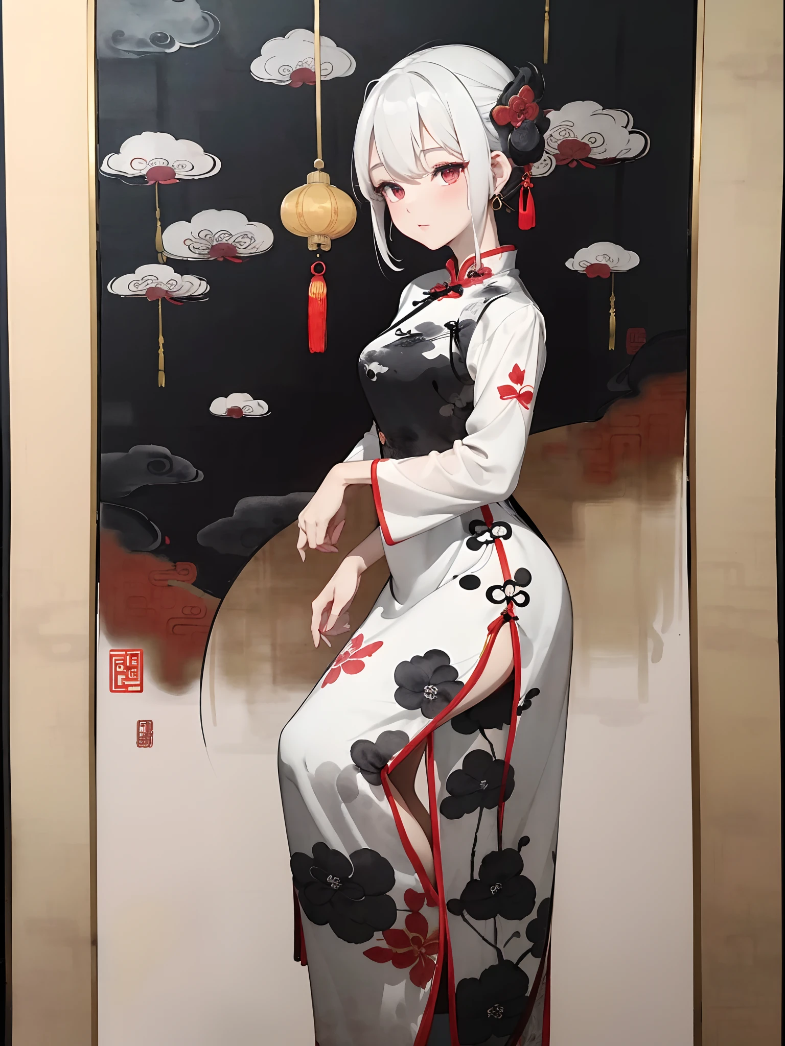 ((8K,masterpiece、top-quality))、((Traditional Chinese Ink Painting:1.4)),lotuses,((qipao dress:1.3)),Dress conservatively ,独奏、white hair、fox ear、blanche,looking at viewert