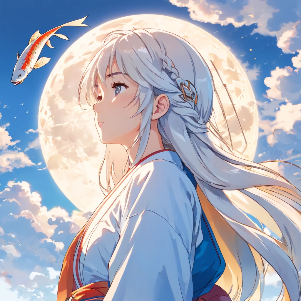 (White background:1.4),(Silhouette of a girl's head, Eyes closed, colorfull long hair, Oriental elements),(Chinese illustration:1.3,paper art:1.3, Quilted paper art:1.2),( reasonable design, Clear lines, High sharpness,Best quality, Very detailed, Masterpiece, movie light effect, 4K ),Full body photo,themoon,fish flocks,Frontal photo,A top-down view