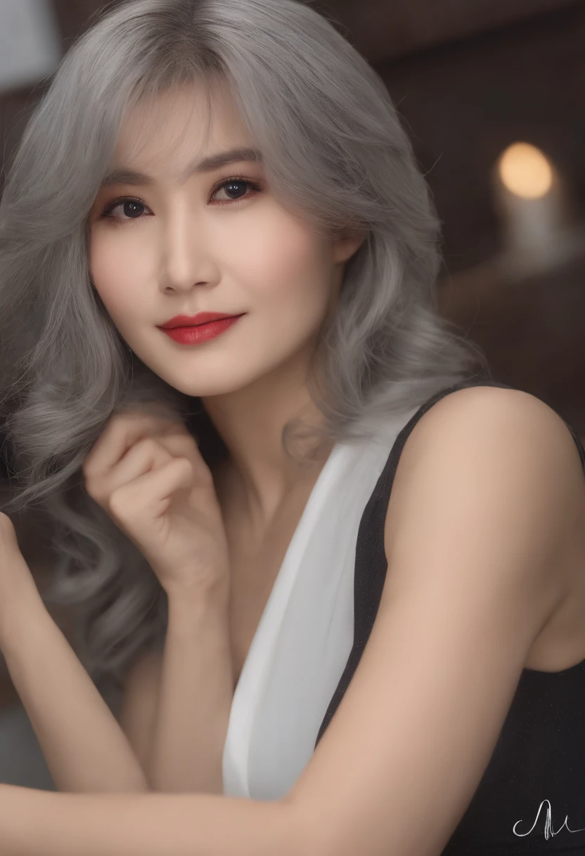 ((Realistic lighting,It's like a movie promo effect， best qualtiy, 8K, tmasterpiece:1.3)), （（50-year-old woman，Black eyes，sad，8-pack abs）），sharp fokus:1.2, , Perfect figure，looks into camera，The face is delicate，((Gray hair))，（Sleeveless fitted sports vest），big laughter，the night，playground，Ultra-fine face，Fine eyes，二重まぶた