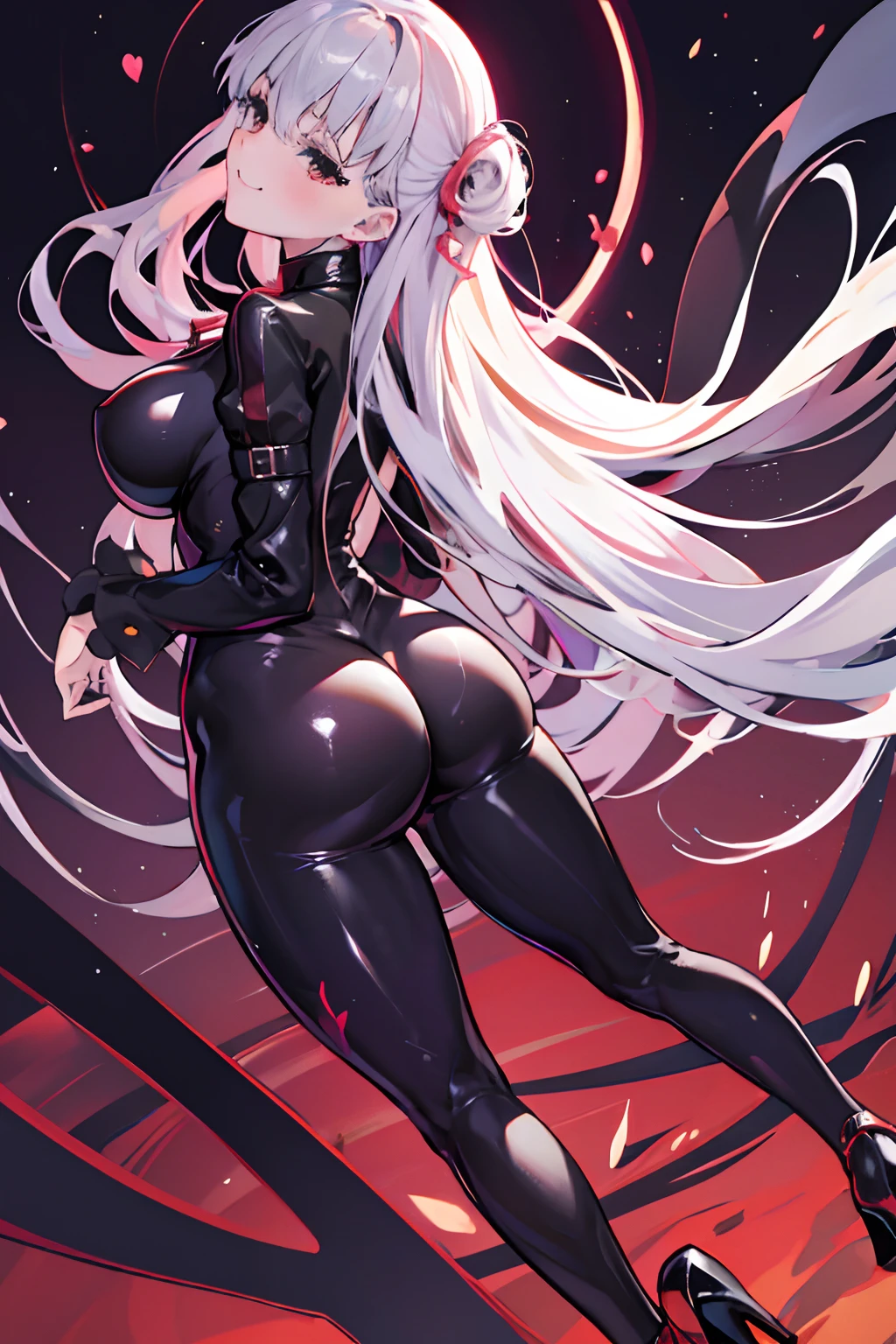 Carefully draw the face　High-quality faces in anime style　Shiny black full body suit　Black High Heels　Red lines all over the body　a blond　huge tit　Big ass　Whip thighs　seductiv　a smile　succubus　Rear view