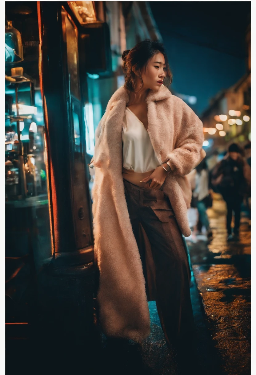 hot, Korean model, photo realistic, night scene, neon lights background, high contrast, color range, colorful (masterpiece)