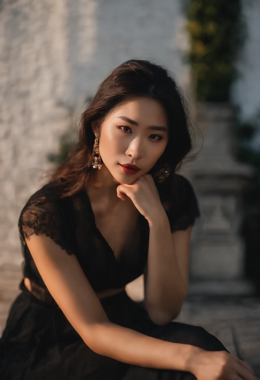 hot, Korean model, photo realistic, night scene, neon lights background, high contrast, color range, colorful (masterpiece)