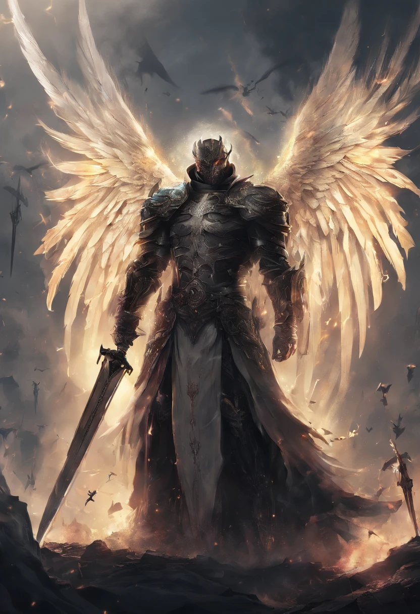 The Image from God's Angles, Standing on his heel with a sword in his hand, Anjo no calcanhar, arcanjo, angels vs demons, angel watching demon, angels and demons, Anjos protegem as pessoas, Arcanjo Miguel, anjo da morte, Battle between angels and demons, anjo super largo, epic angel wings, Anjos protegem quem reza, necessidade humana de morte (( Epic image )), (( alta qualidade )) 16k
