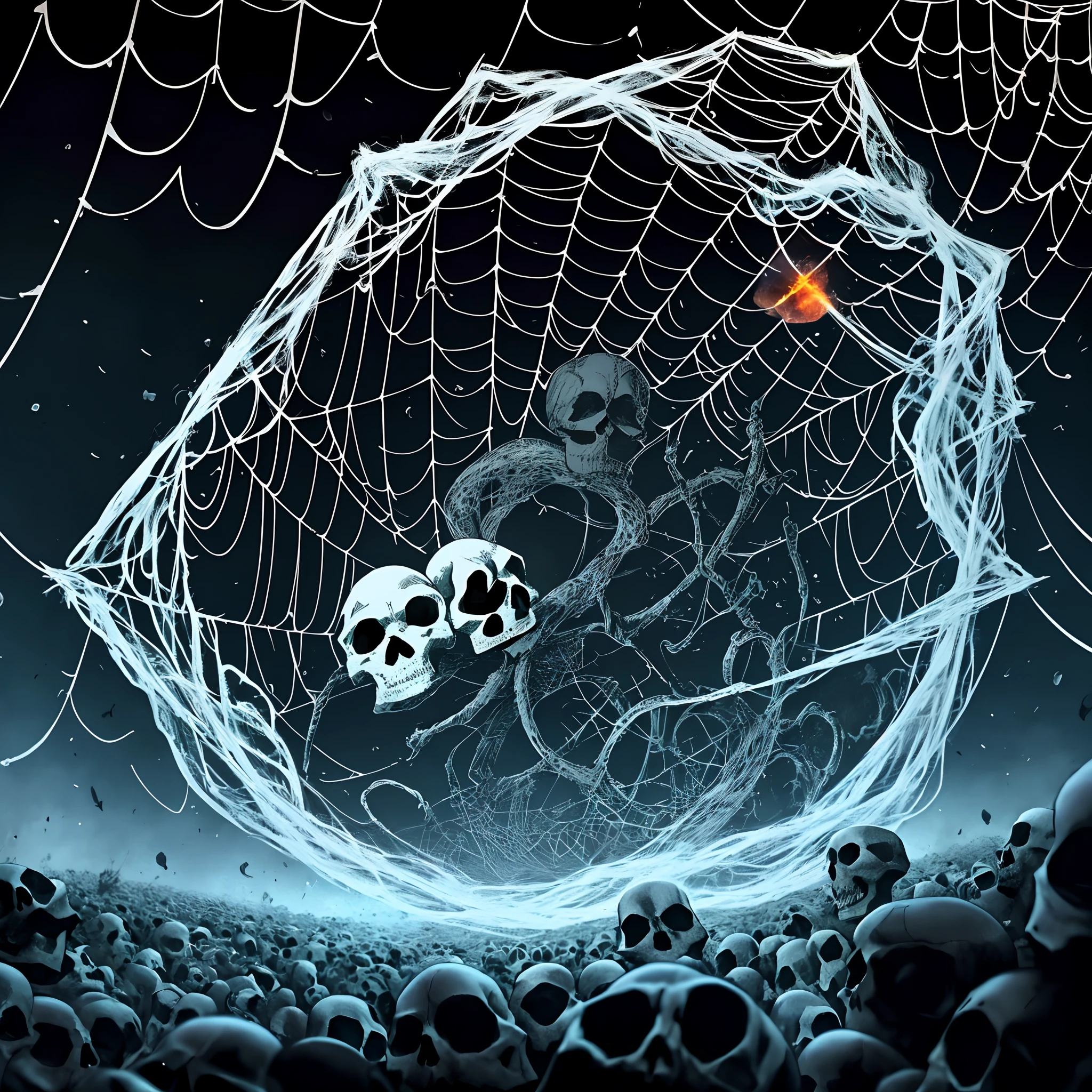 A black balloon with a skull pattern has a spider web net covering the inside, a ghost skull is throwing a bomb to the ground.