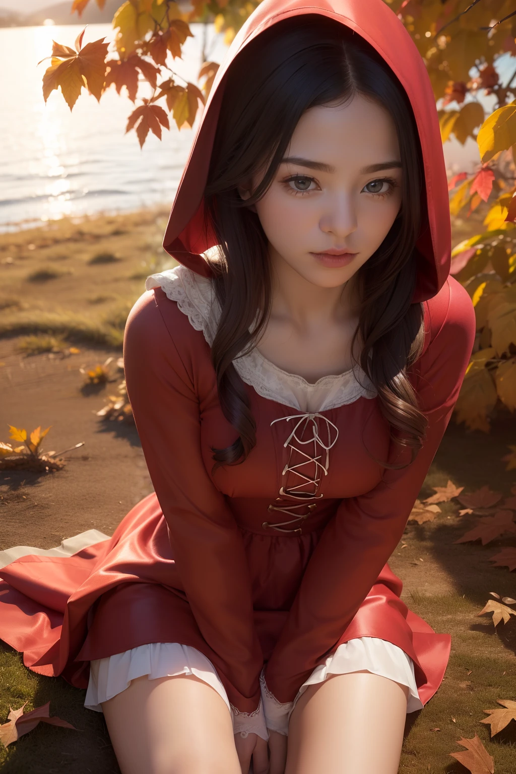 ((masterpiece, best quality, ultra-detailed, ultra-HD, photorealistic, cinematic)), medium camera shot, ((sweet pose, leaning against a tree, from above)), (sweet female as red riding hood), perfect anatomy, proportioned hands, red loose waves hair, (knee-length red hooded cape, a white puffed-sleeve blouse, and a modest knee-length dress in earthy tones), ((dynamic background, autumnm, falling dried leaves)), ((sunset))