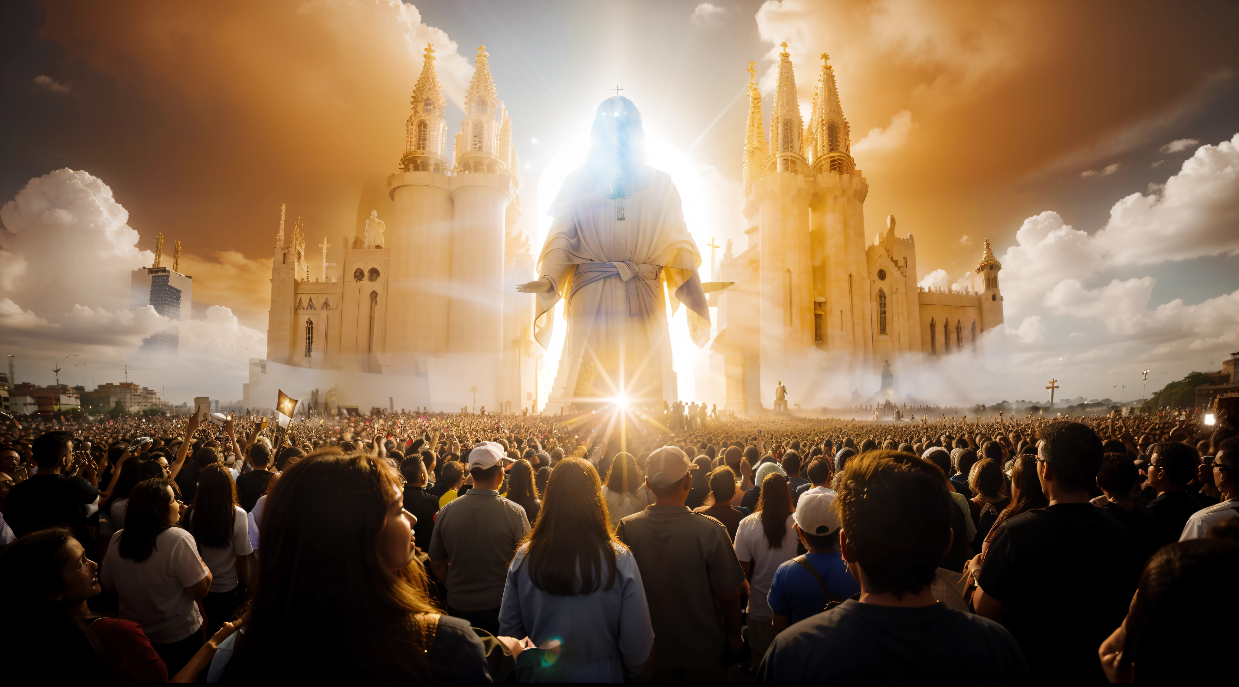 Image of a man standing in front of a crowd of people, Segunda vinda, muitas pessoas adorando, she is arriving heaven, Fundo da igreja!, Fundo da igreja, O Senhor e Salvador, Deus olhando para mim, Jesus Cristo, O Arrebatamento, beautiful image ever created, ascension, epic biblical representation, foto descoberta, she is approaching heaven, Raios de Luz Sagrada Sagrada