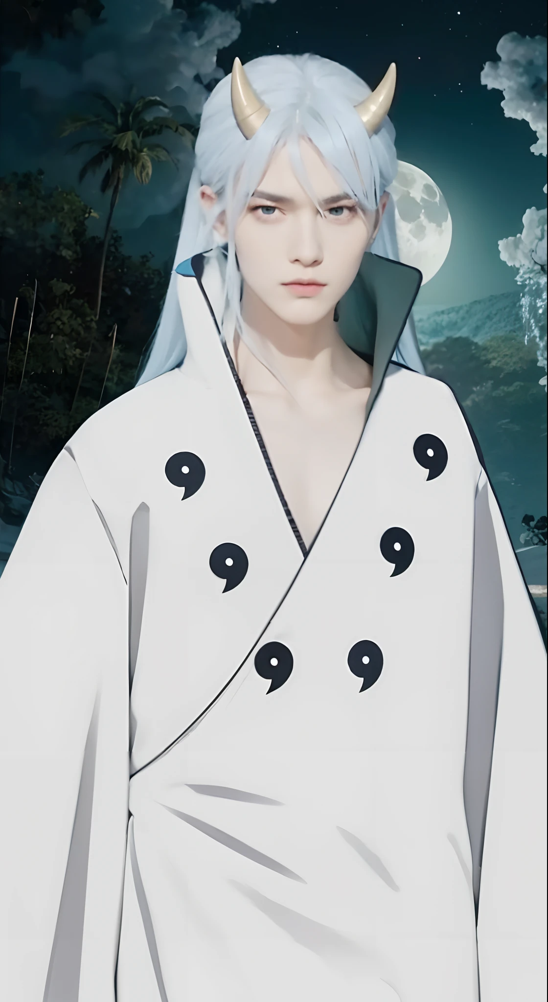 Real life adaption of this character,handsome face,cool expression,realistic same light blue hair, realistic same horns, ((There was hair tied with a cloth on the side of his hair)) ,realistic same outfit, the inside of outfit is black color,((same logo printed on hisboutfit)), realistic light, realistic shadow, realism, hyper realistic,(photorealistic:1.2), looking to viewer,Realistic natural background with moonlight views,